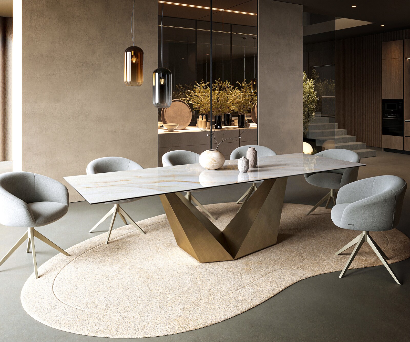 Esstisch Edge 300x100 cm Keramik Onyx Pearl Prisma Metallic Gold 7