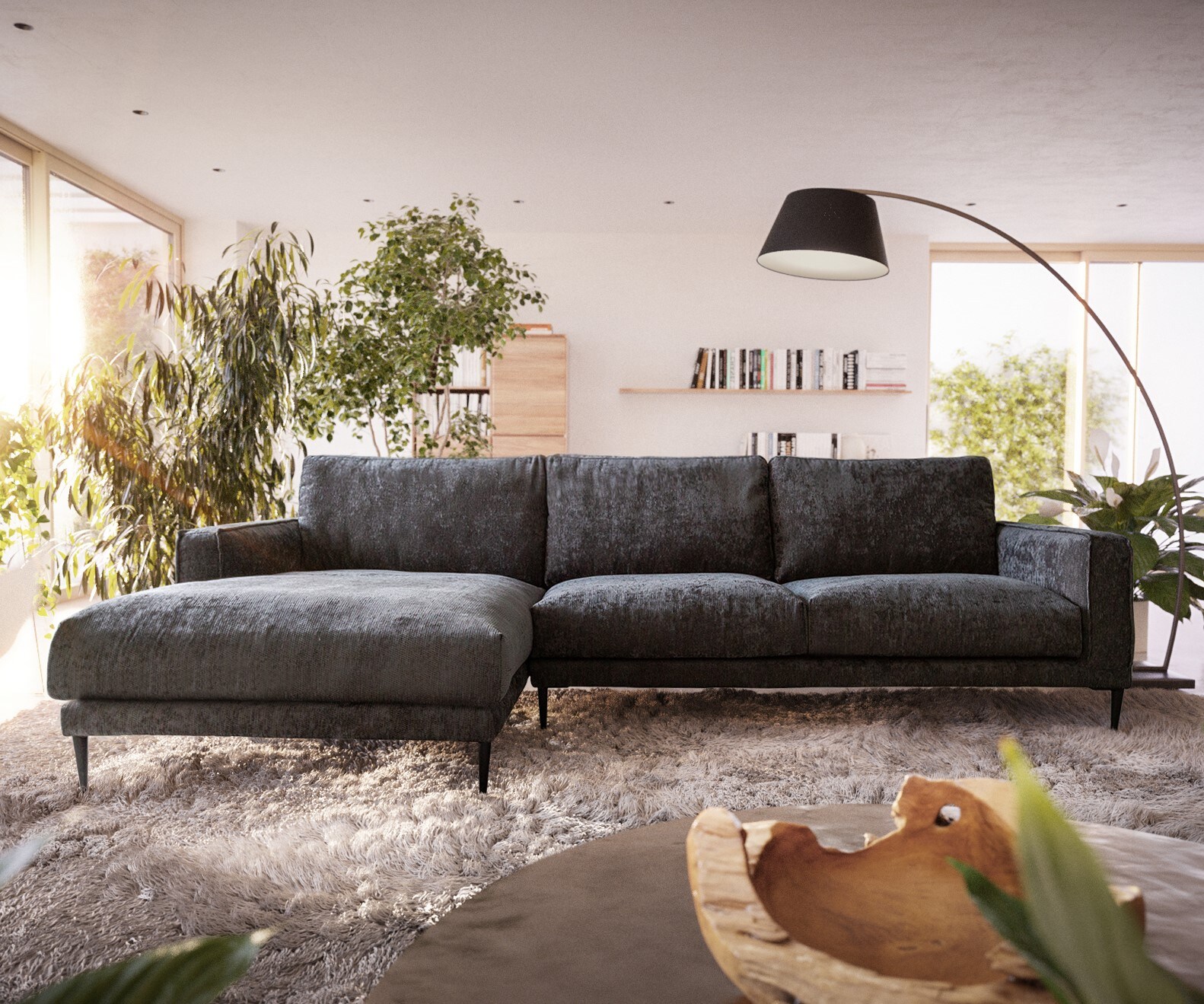 Ecksofa Sottil 290 x 165cm Chenille Anthrazit Recamiere links 2