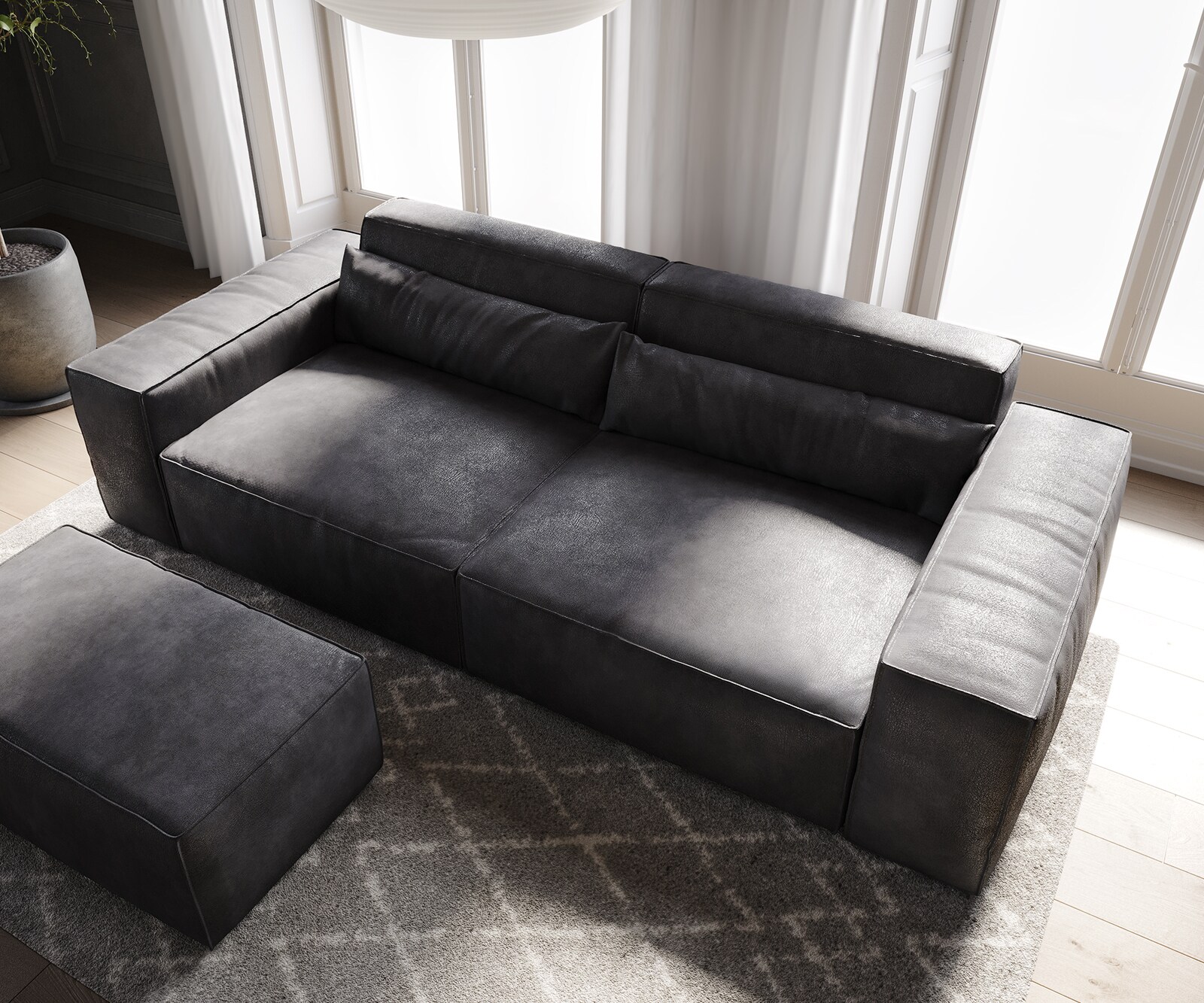 Big-Sofa Sirpio 230x95 cm Lederimitat Vintage Anthrazit  mit Hocker 4