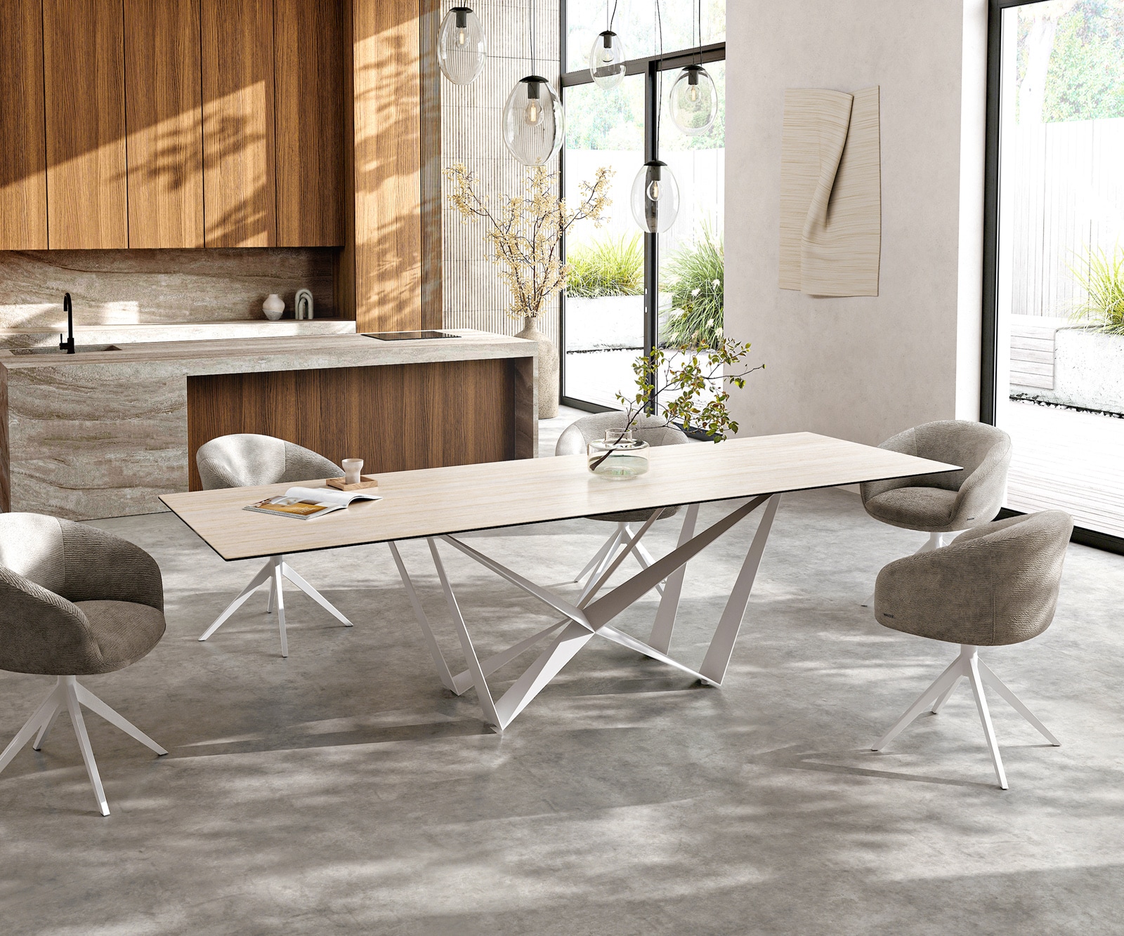 Esstisch Edge 300x100 Keramik Laminam® Travertino Bianco Creme-Weiß Spider Metall Weiß