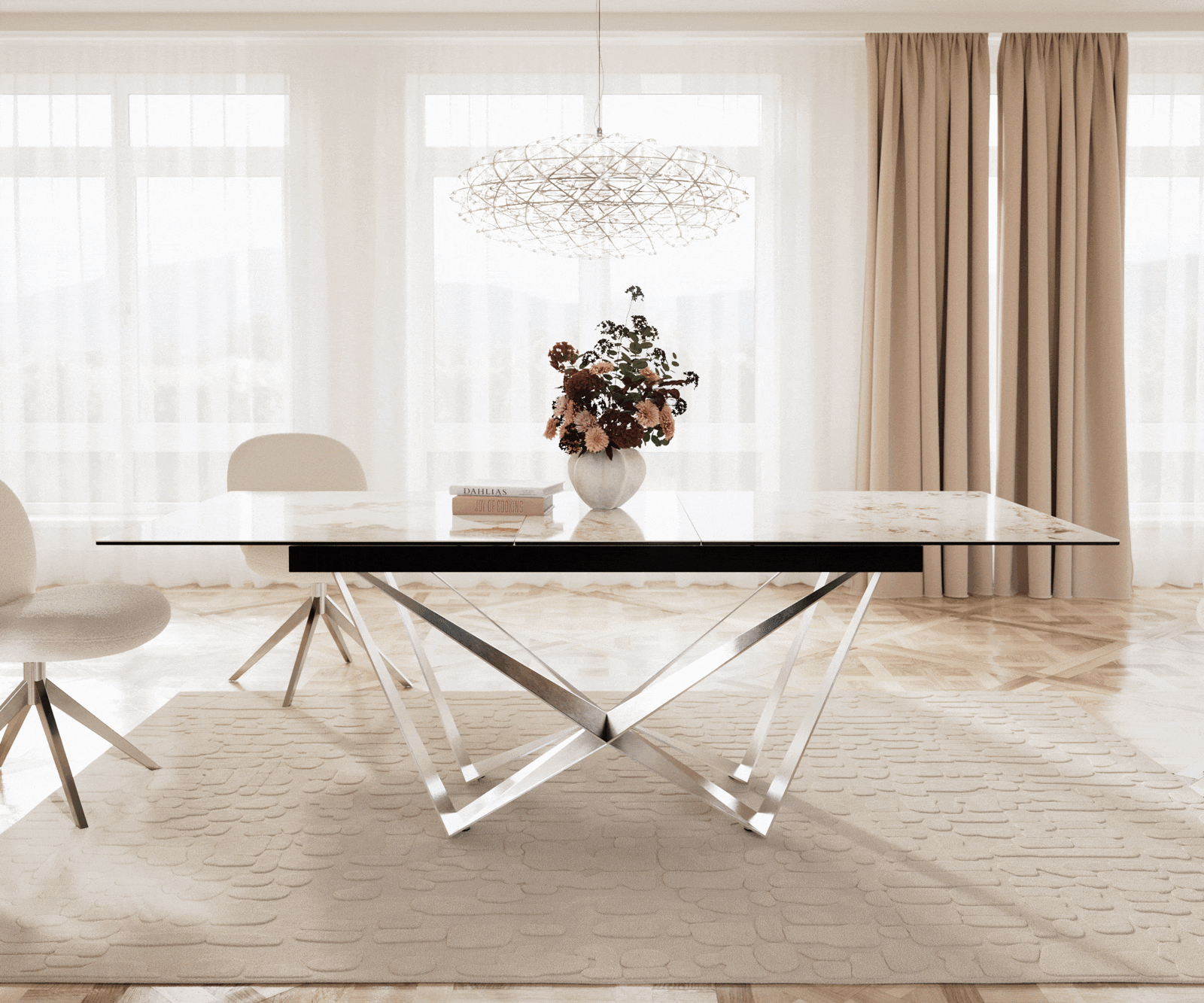 Esstisch Edge 180-220x100 Keramik Minas Melange Weiß-Beige Spider Flachstahl Edelstahl ausziehbar 1 Esstisch Edge 180-220x100 Keramik Minas Melange Weiß-Beige Spider Flachstahl Edelstahl ausziehbar 1