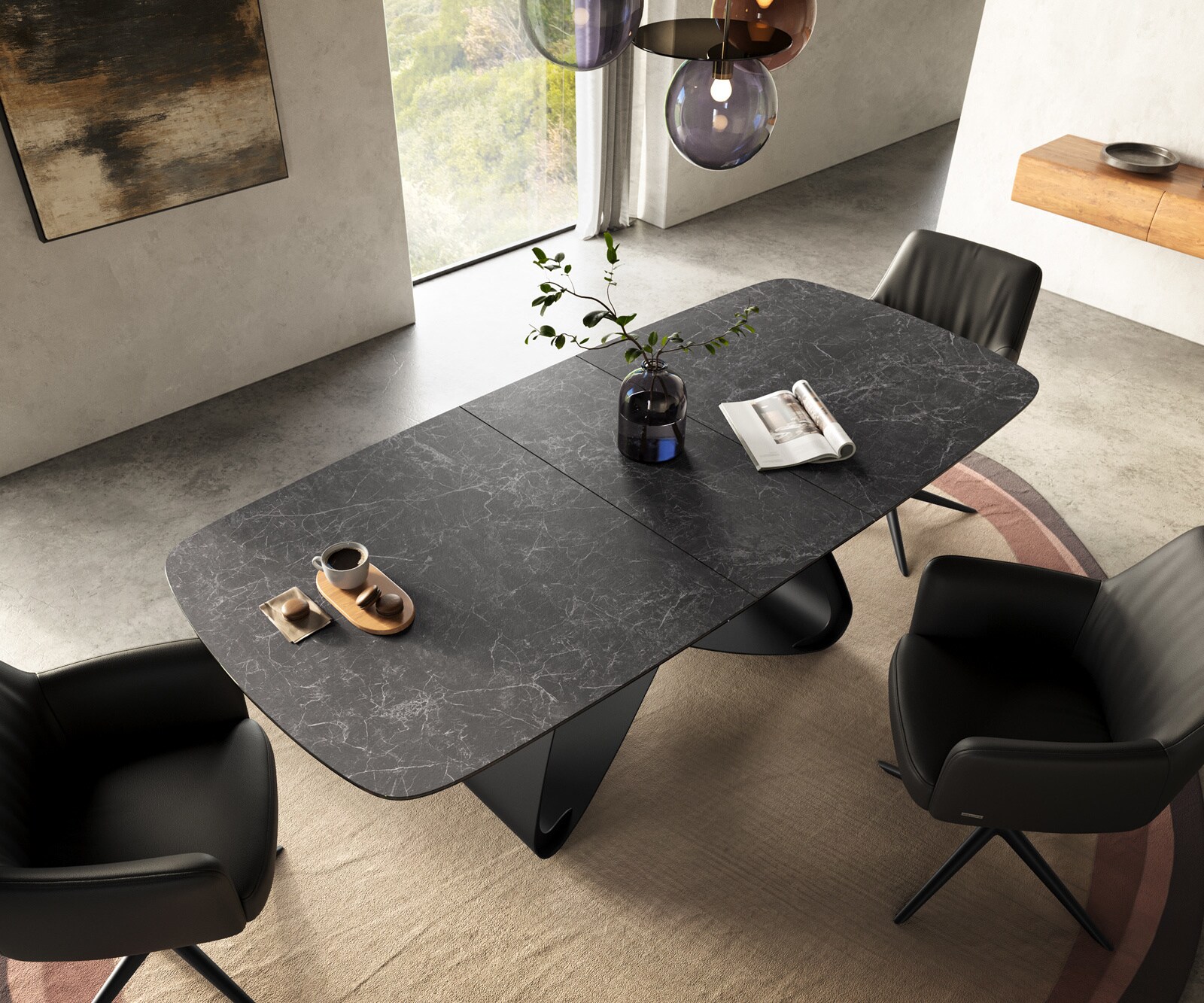 Esstisch Edge Boot 180-220x100 cm Keramik Laminam® Nero Greco Anthrazit W-Gestell Metall Schwarz ausziehbar 4