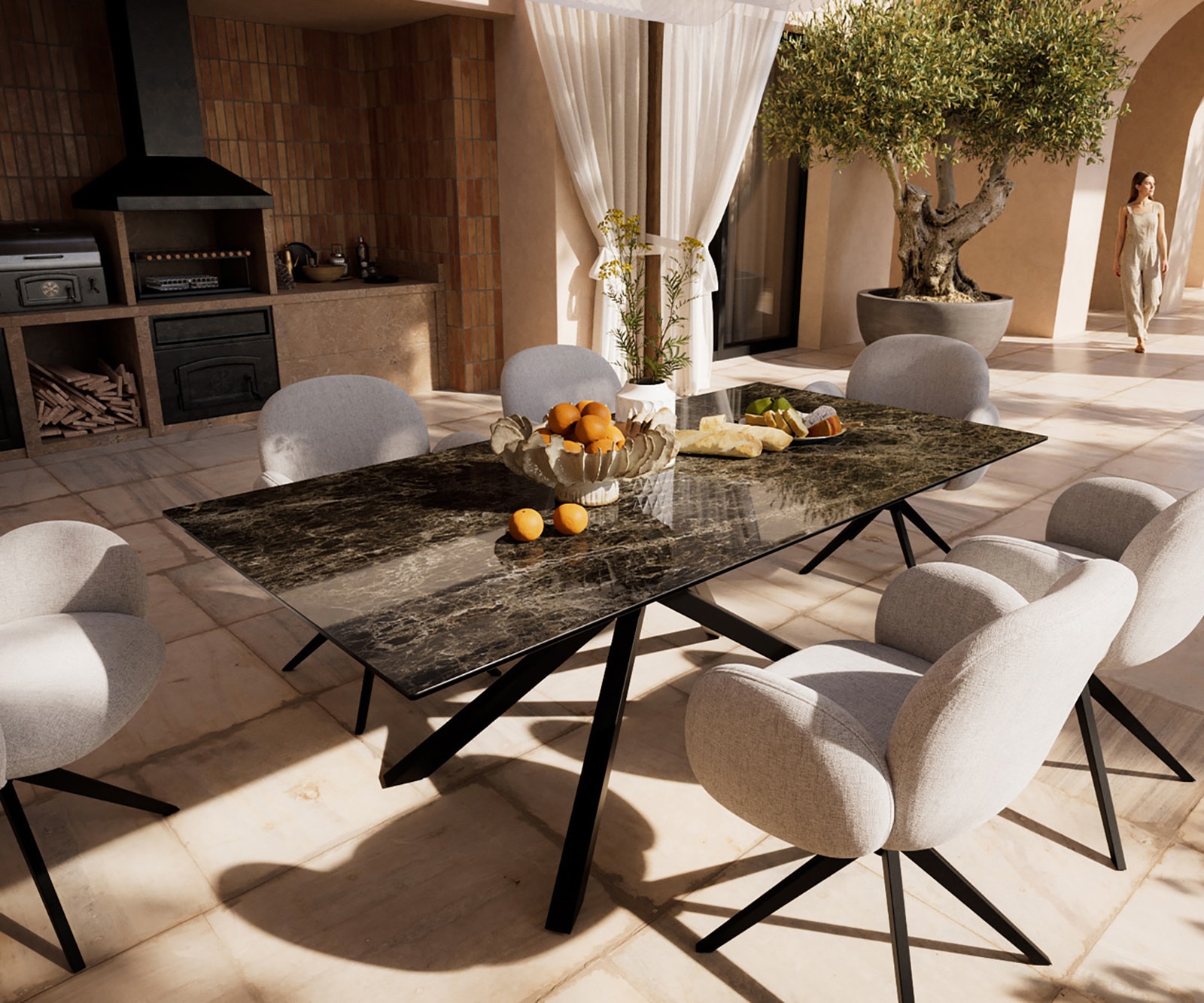 Outdoortisch Edge 200x100 cm Keramik Emperador Extra Lucidato Dunkelbraun Kreuzgestell Rechteck Schwarz