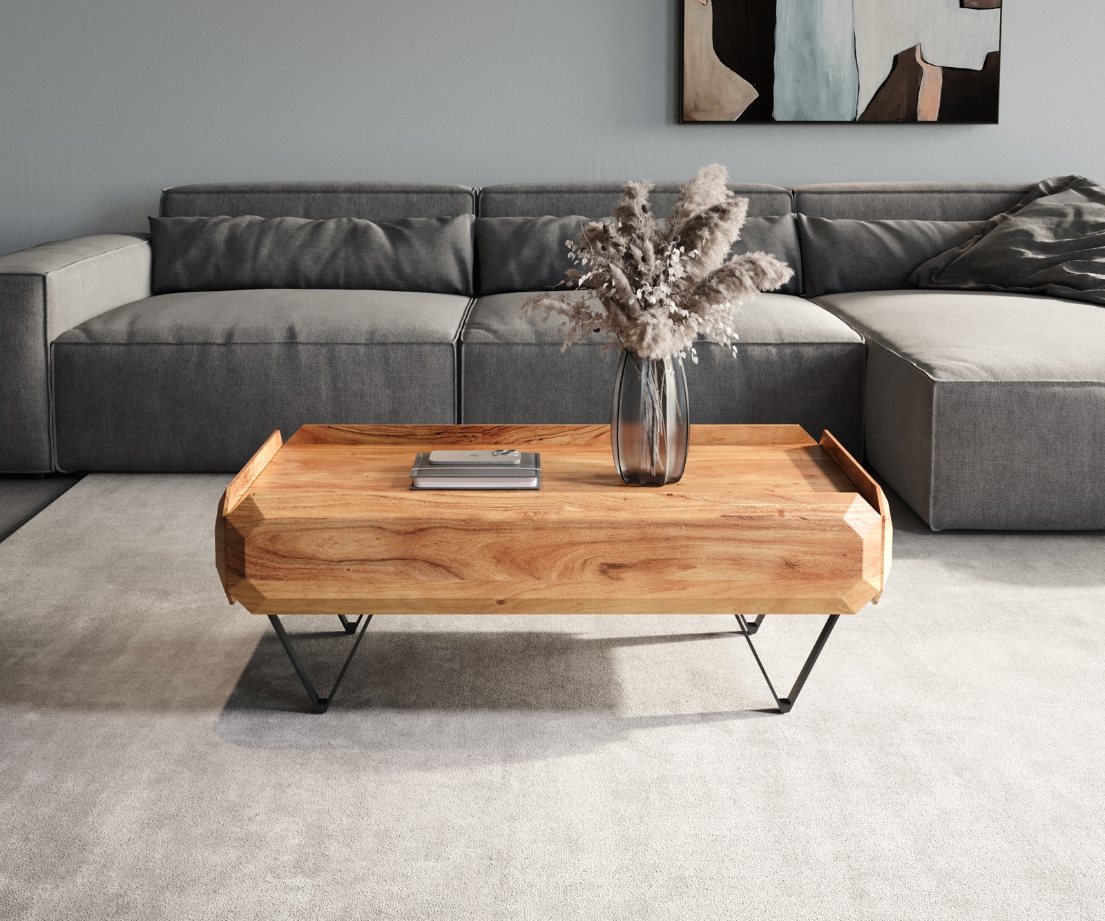 Couchtisch Kiano 100x50 cm Akazie Natur 2 Schübe V-Fuß Schwarz 2
