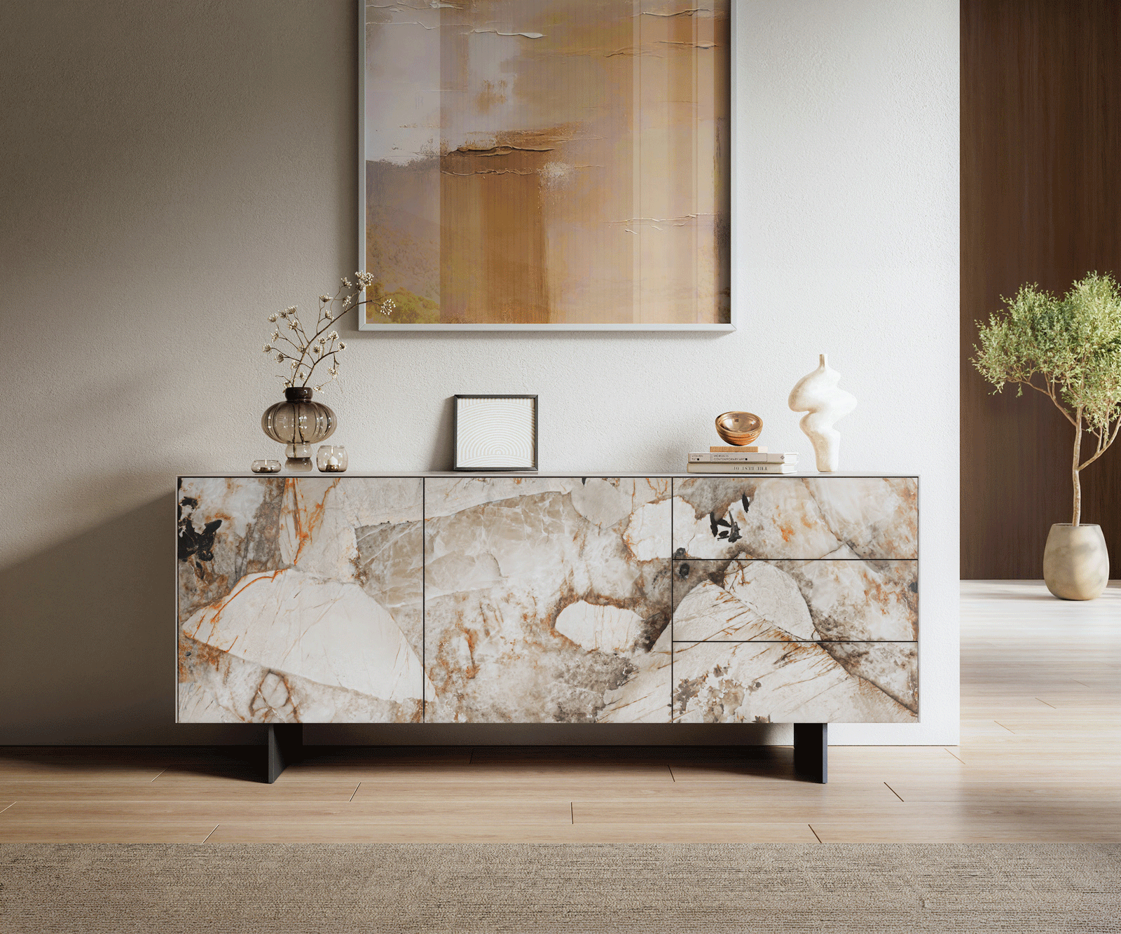 Sideboard Cuor 180 cm Keramik Patagonia Poliert 2 Türen 3 Schubfächer Fuß Schwebeoptik Metall Schwarz 1