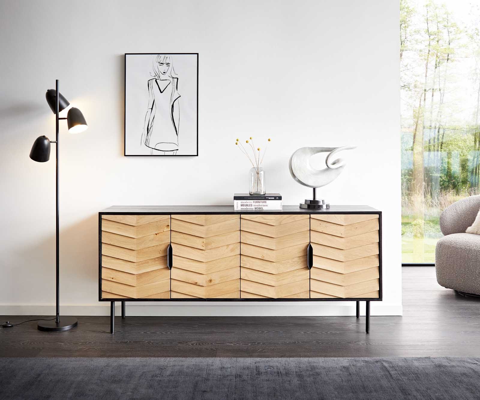 Sideboard Muvi 175 cm Eiche Natur Mango Schwarz Metall Schwarz 4 Türen 2 Sideboard Muvi 175 cm Eiche Natur Mango Schwarz Metall Schwarz 4 Türen 2