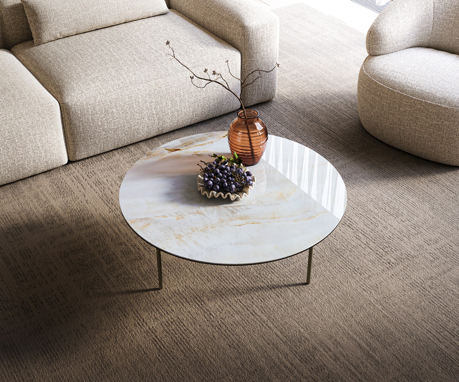 Couchtisch Edge Rund 90x90 cm Keramik Onyx Pearl Trive Metall Effektfinish Titan 3