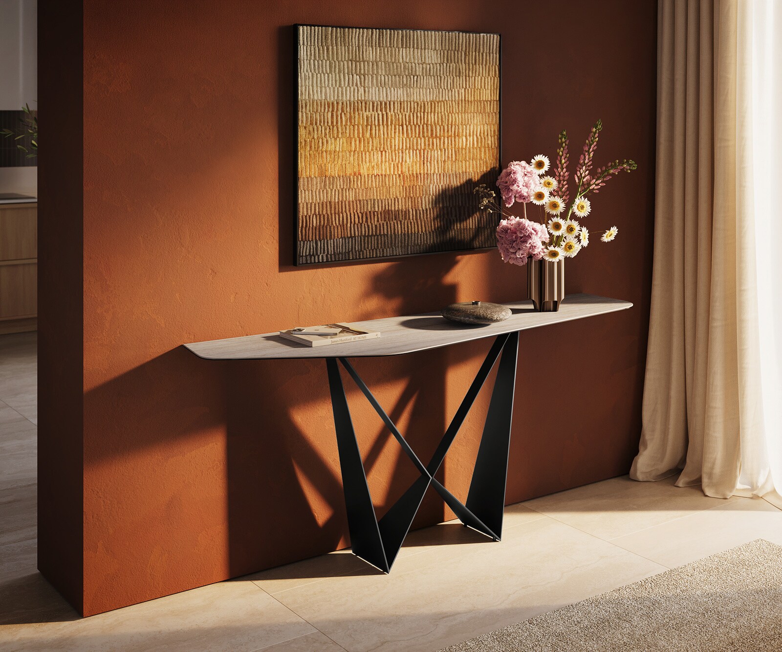 Konsolentisch Edge Polygonal 180x50 cm Keramik Laminam® Travertino Bianco Creme-Weiß Spios Metall Schwarz 3