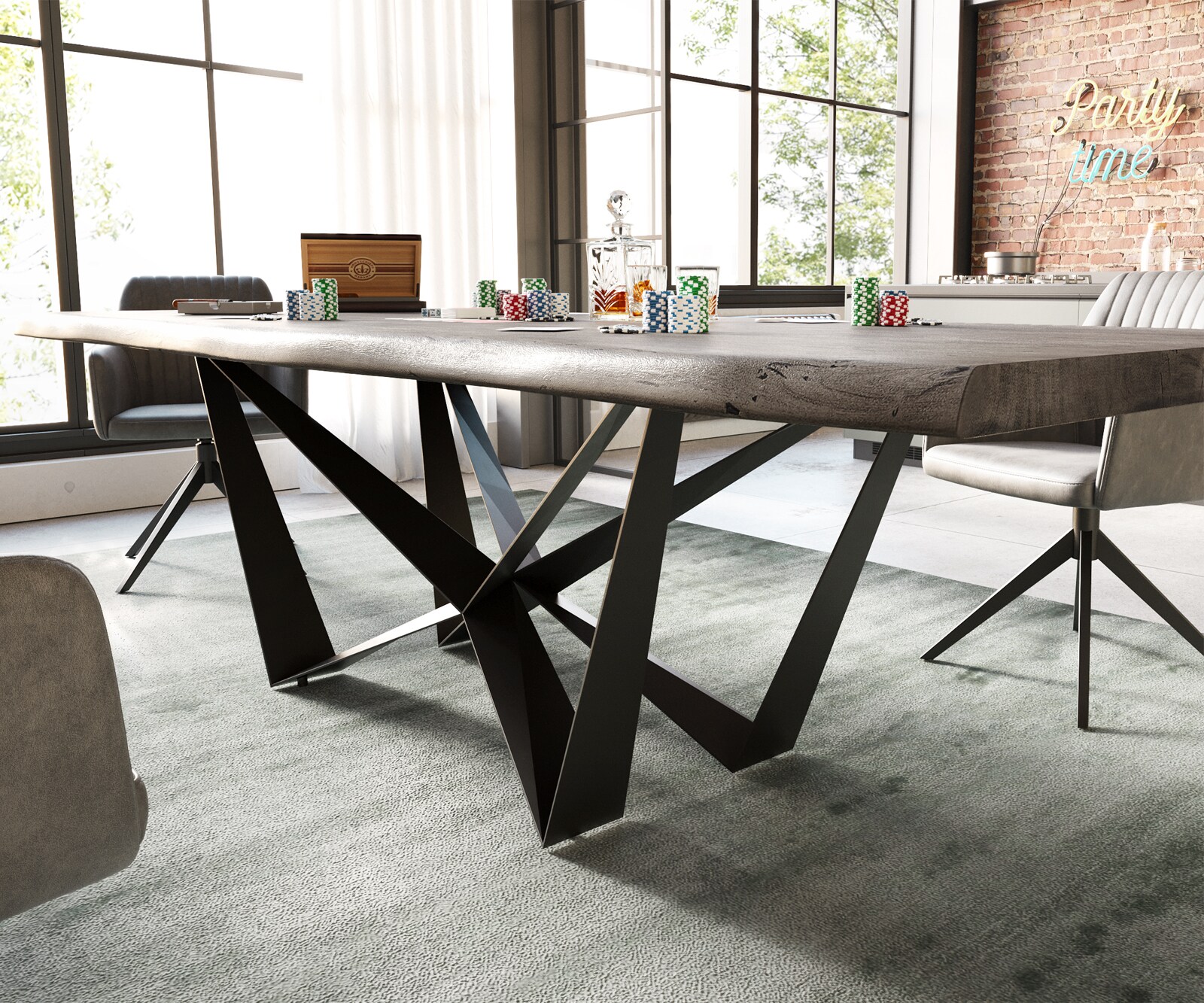 Esstisch Edge 260x100 XL Akazie Platin Spider Flachstahl Schwarz Live-Edge 4