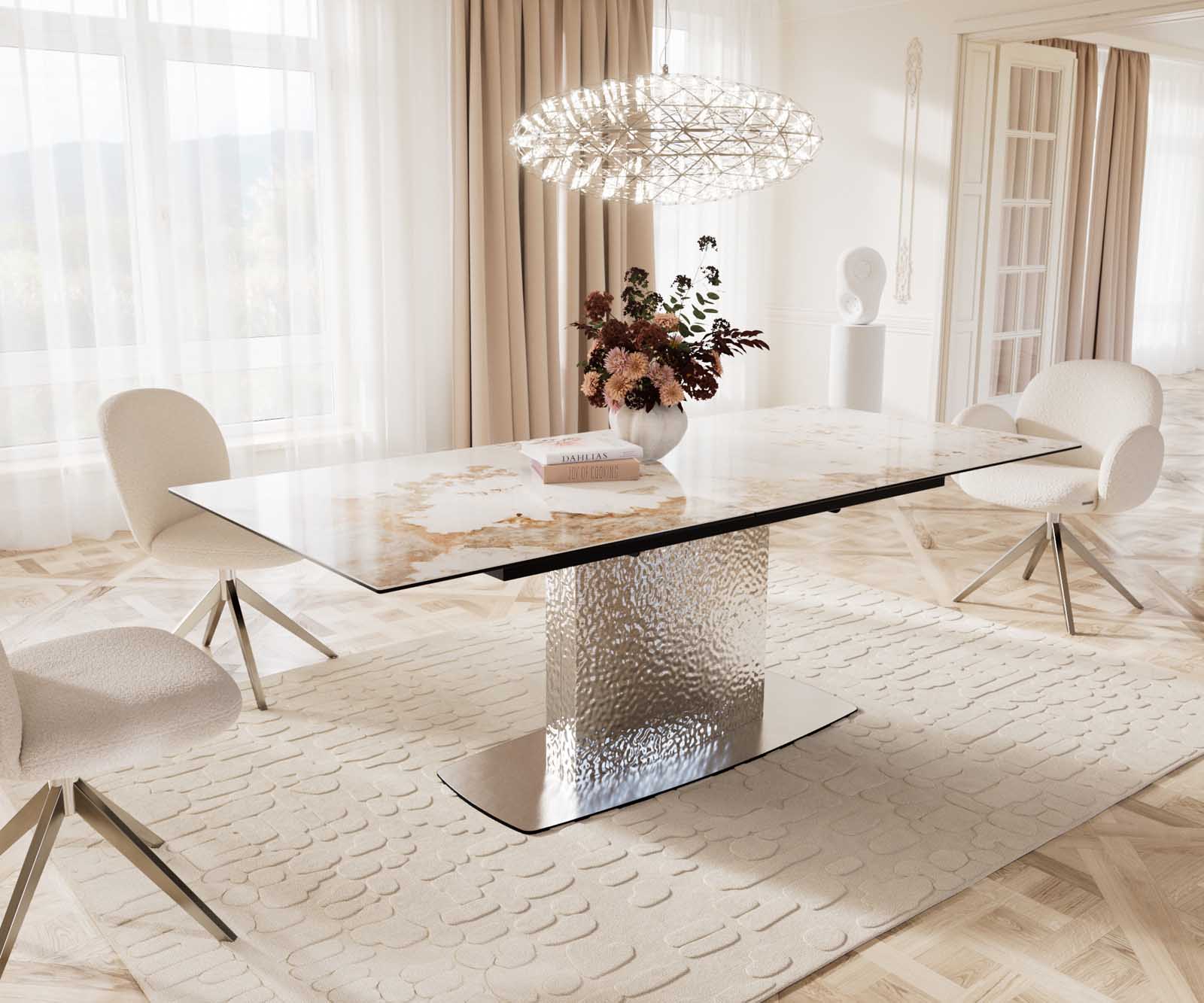Esstisch Edge 180-220x100 Keramik Minas Melange Weiß-Beige Wave Edelstahl ausziehbar 9 Esstisch Edge 180-220x100 Keramik Minas Melange Weiß-Beige Wave Edelstahl ausziehbar 9