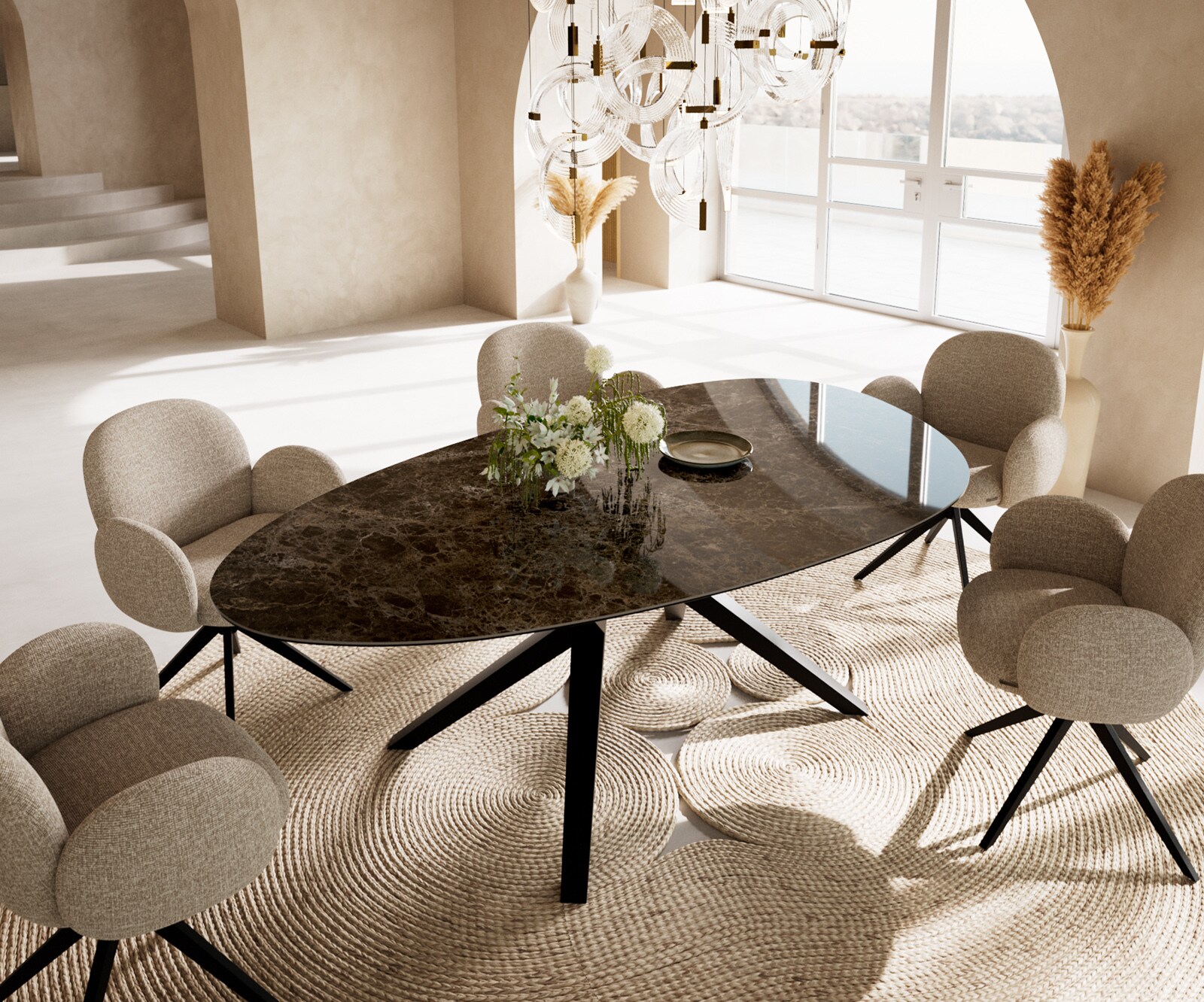 DELIFE Esstisch Edge Oval 220x120 Keramik LaminamEmperador Extra Lucidato Dunkelbraun Zenthara kantig Metall Schwarz