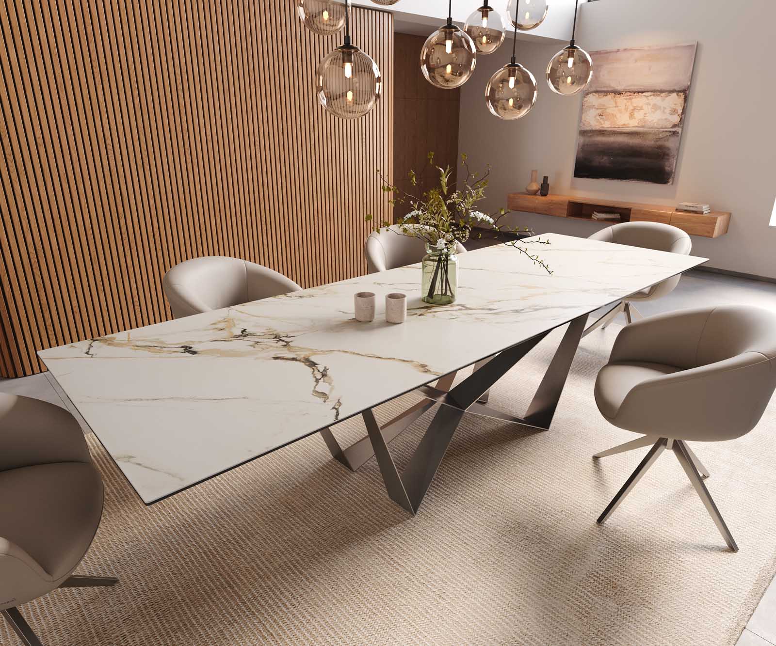 Esstisch Edge 300x100 Keramik Calacatta Luxe Weiß-Gold-Grau Spider Flachstahl Edelstahl 1