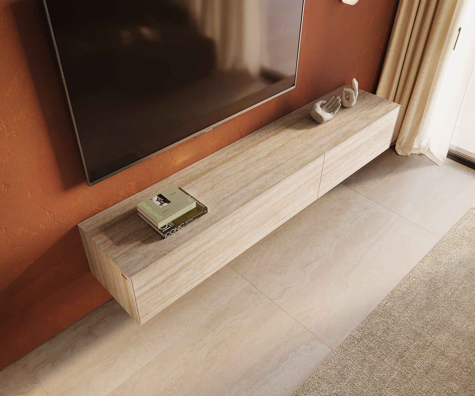 Lowboard Cuor 220 cm Keramik Laminam® Travertino Bianco Creme-Weiß 1 Klappe 2 Schubfächer Schwebend 4