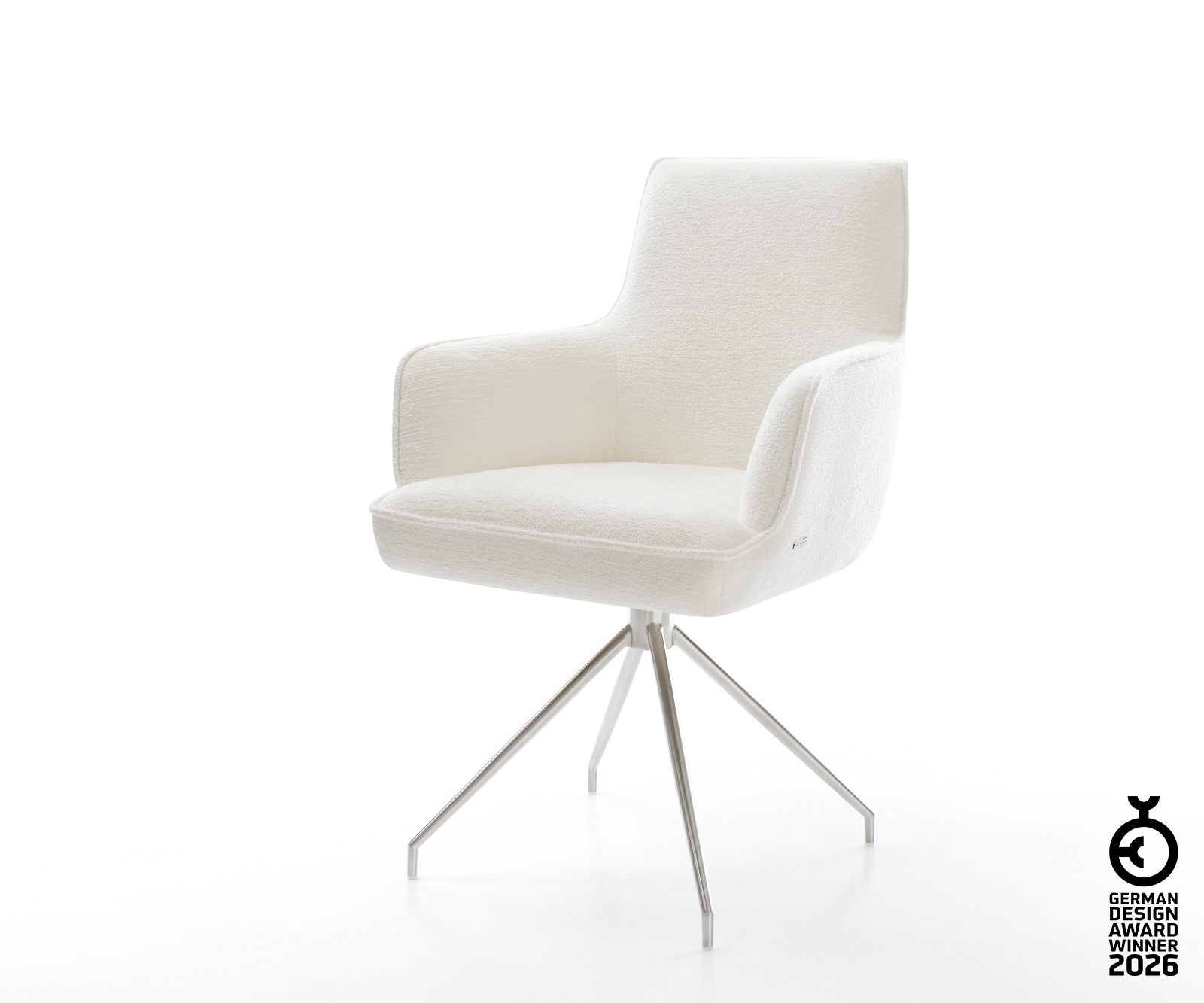 Esszimmerstuhl Heira-Flex mit Armlehnen Bouclé Soft Beige Kreuzgestell konisch Edelstahl Taschenfederkern
