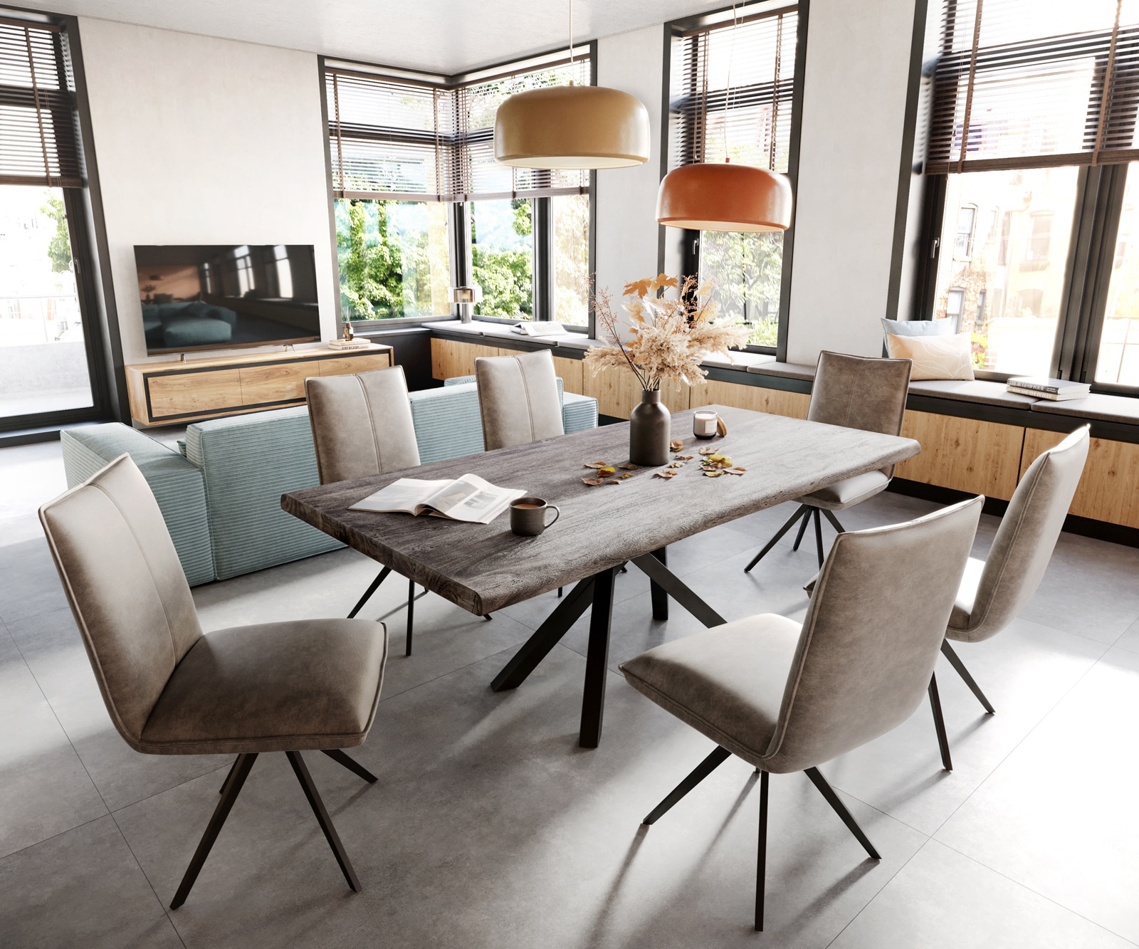 Esszimmerstuhl Lelio-Flex Mikrofaser Taupe Vintage Kreuzgestell breit Schwarz Taschenfederkern 4