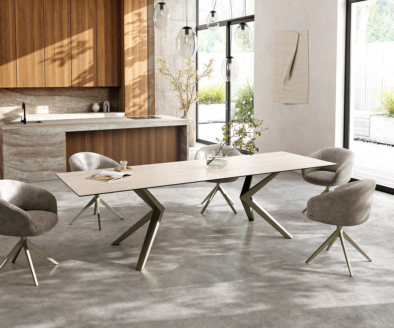 Esstisch Edge 300x100 Keramik Laminam® Travertino Bianco Creme-Weiß Zenthara kantig Metall Effektfinish Titan 7