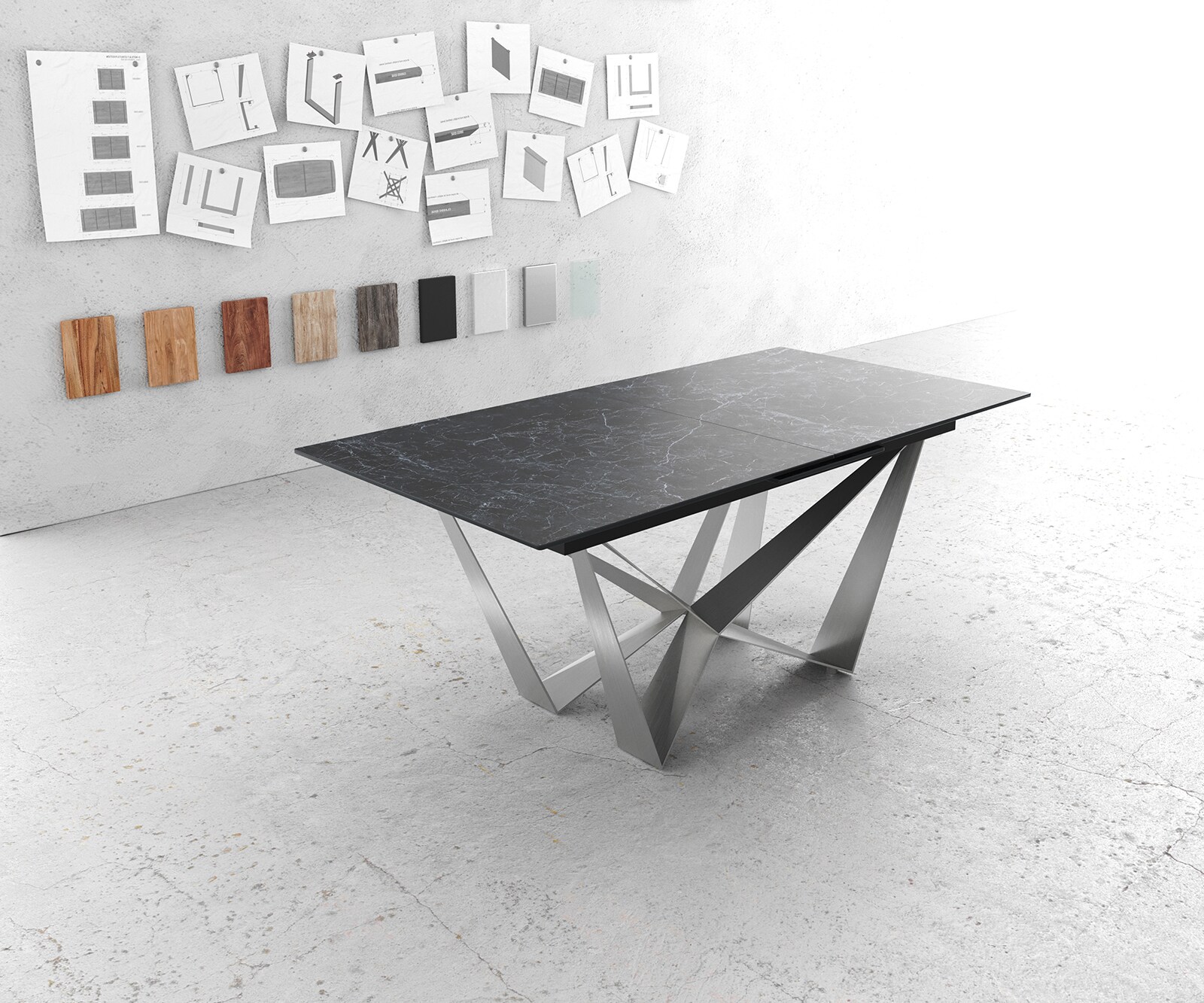 Esstisch Edge 180-220x100cm Keramik Laminam®Nero Greco Anthrazit Mittelfuß Flachstahl Silber ausziehbar 1
