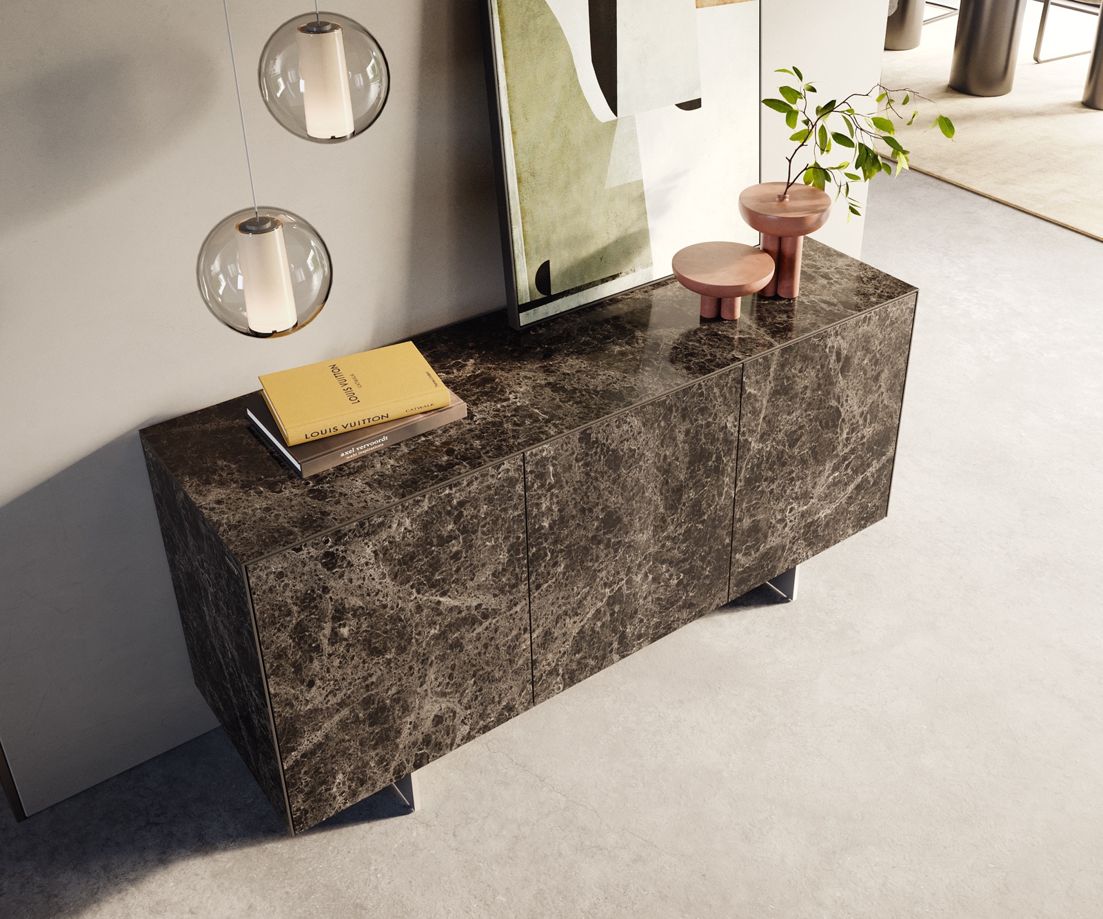 Sideboard Cuor 150 cm Keramik Laminam® Emperador Extra Lucidato Dunkelbraun 3 Türen Fuß Schwebeoptik Edelstahl 4