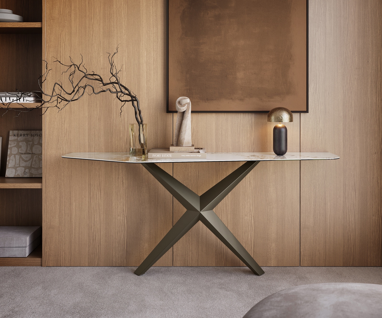 Konsolentisch Edge Polygonal 180x50 cm Keramik Minas Melange Weiß-Beige Zentharo Metall Effektfinish Titan