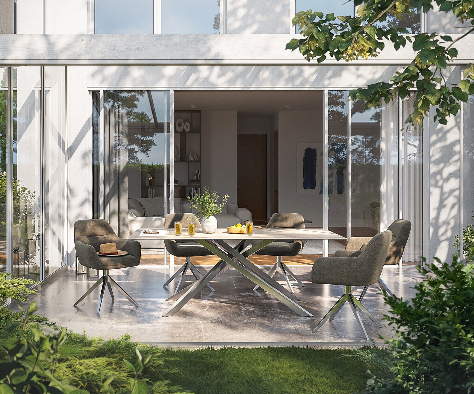 Outdoortisch Edge 200x100 cm Keramik Laminam® Travertino Bianco Creme-Weiß Kreuzgestell Rechteck Edelstahl 1