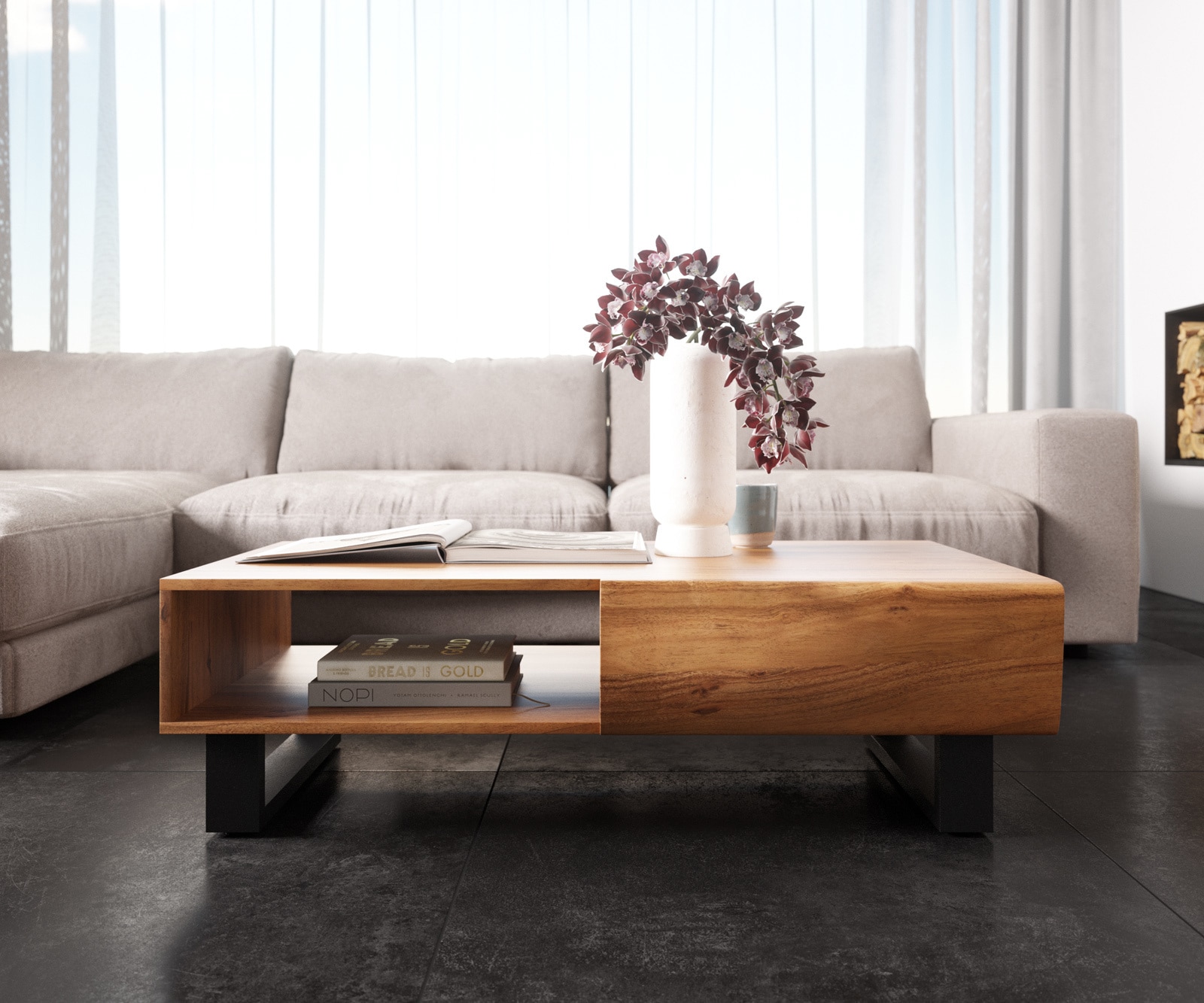 Couchtisch New Live-Edge 115x60 cm Akazie Natur 2 Schubladen 1 Fach Kufe Metall Schwarz 1 Couchtisch New Live-Edge 115x60 cm Akazie Natur 2 Schubladen 1 Fach Kufe Metall Schwarz 1