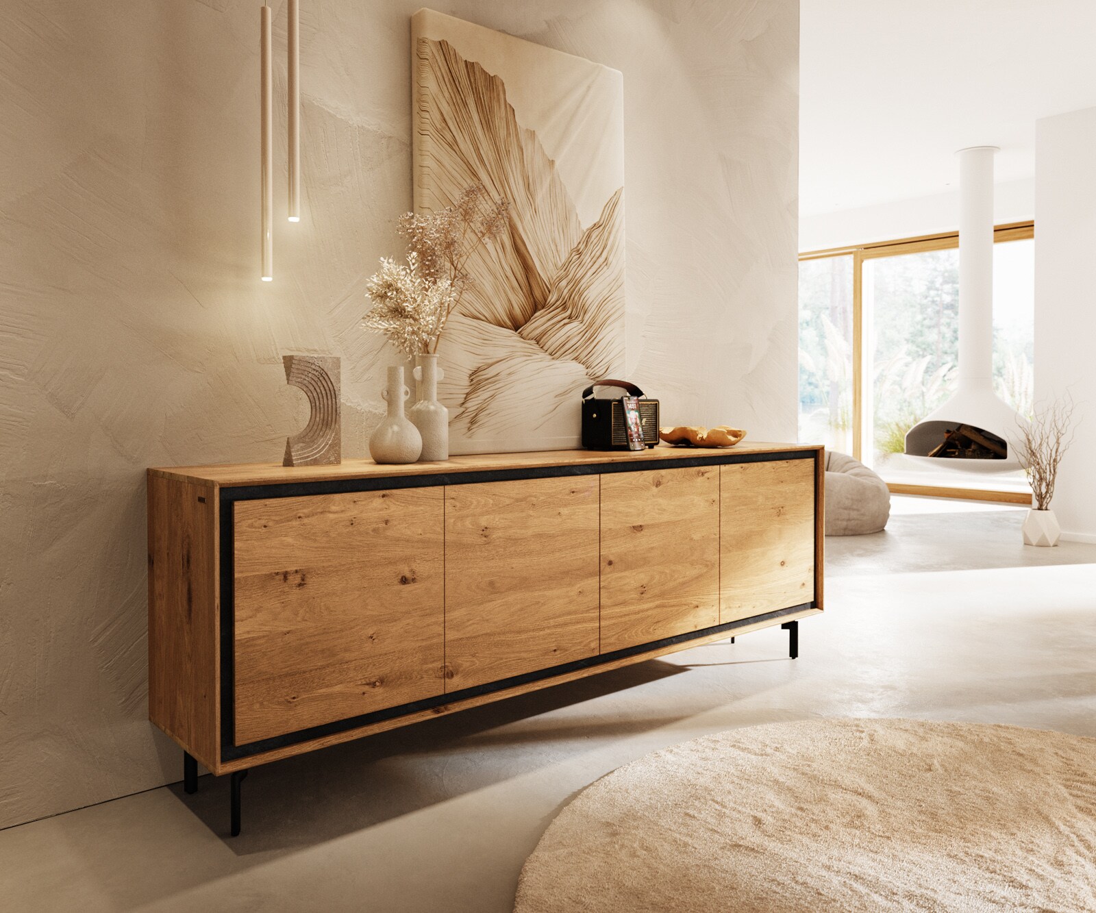 Sideboard Stonegrace 200 cm Eiche Natur 4 Türen Fuß Oval Metall Schwarz