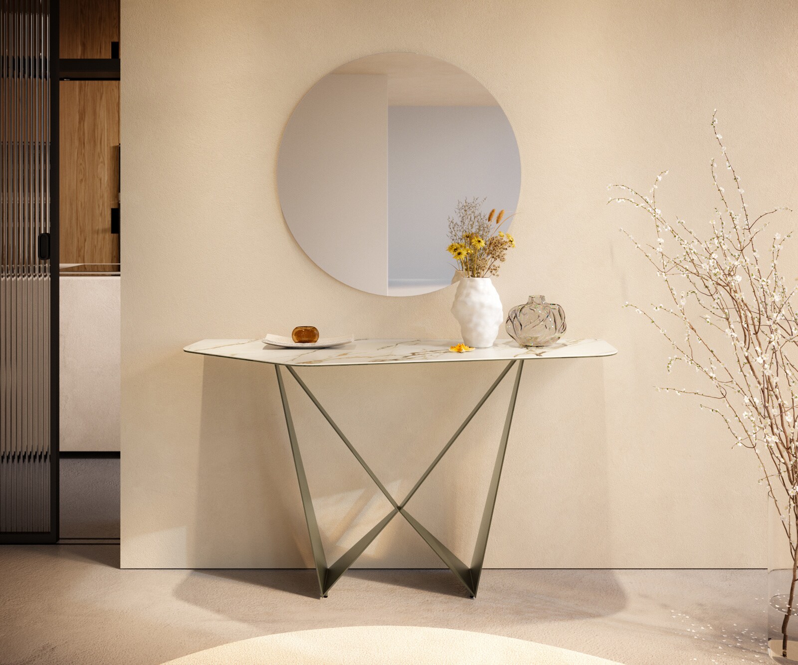Konsolentisch Edge Polygonal 140x50 cm Keramik Calacatta Luxe Weiß-Gold-Grau Spios Metall Effektfinish Titan