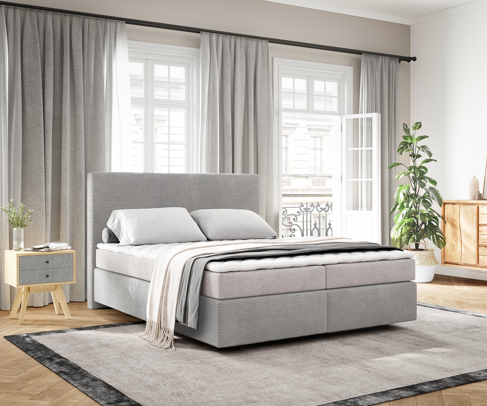 Boxspringbett Dream-Well 160x200 cm Cord Silbergrau mit Matratze und Topper Boxspringbett Dream-Well 160x200 cm Cord Silbergrau mit Matratze und Topper