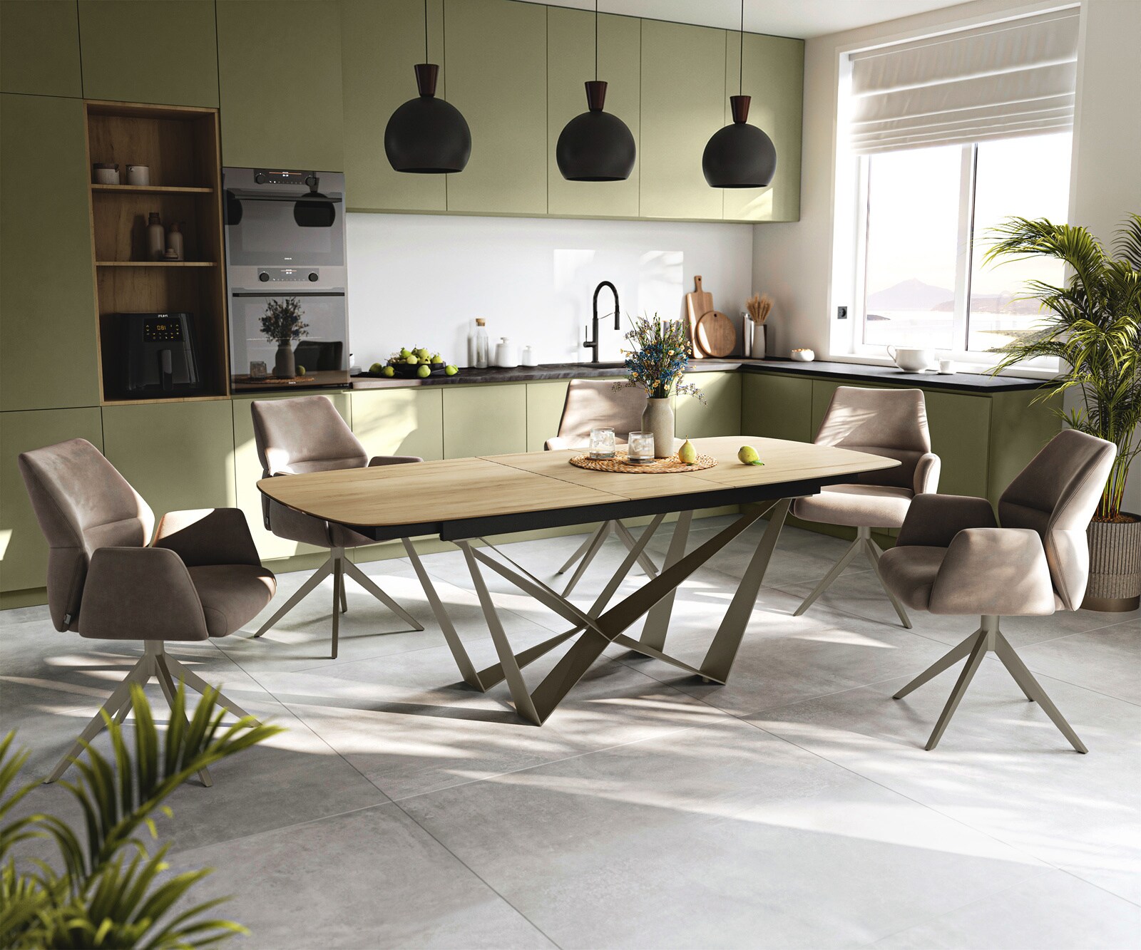 Esstisch Edge Boot 180-220x100 cm Keramik Laminam® Sabbia Eichefarbig Spider Metall Effektfinish Titan ausziehbar 6