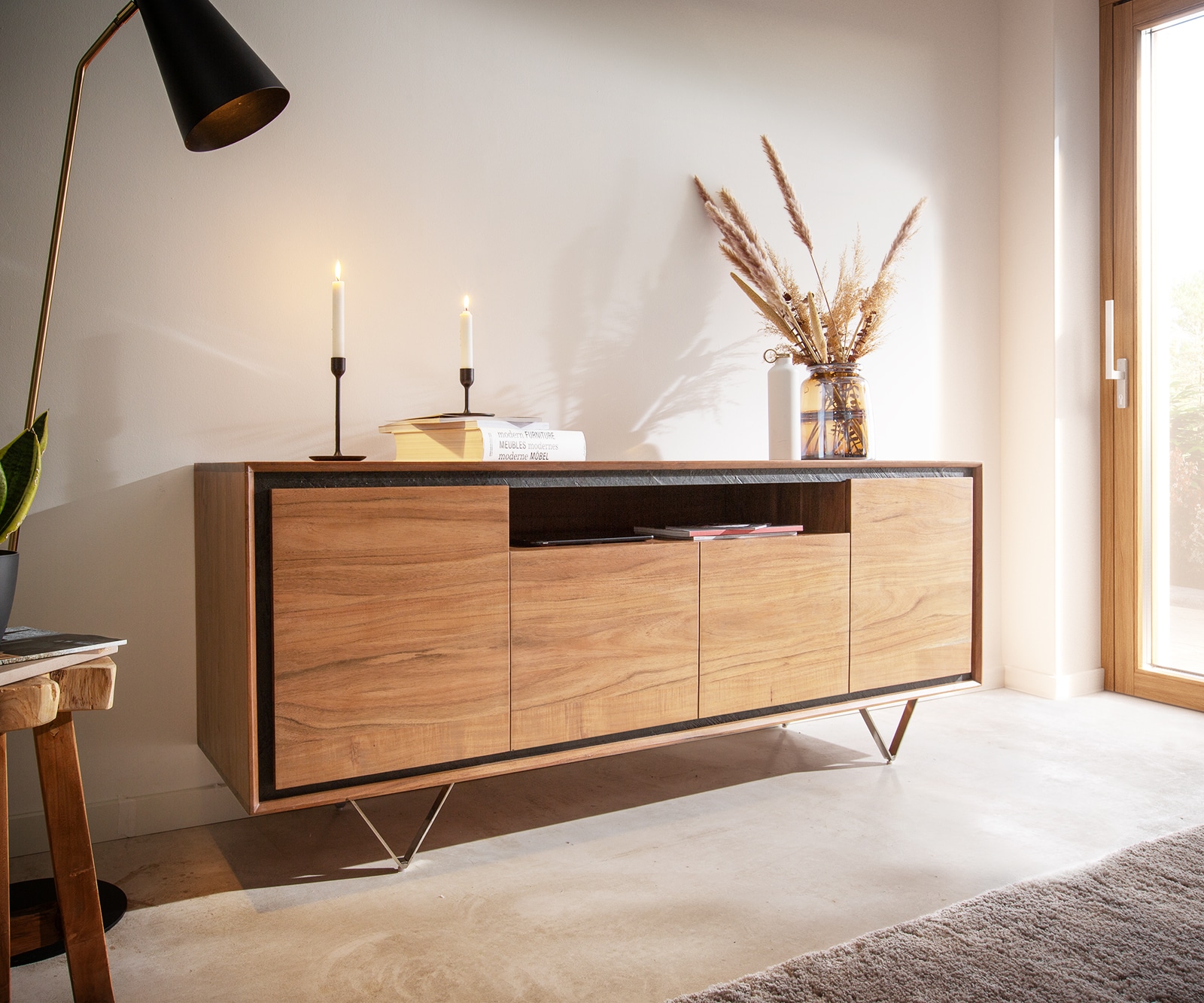 Sideboard Stonegrace 175 cm Akazie Natur 4 Türen 1 Fach Steinfurnier V-Fuß Sideboard Stonegrace 175 cm Akazie Natur 4 Türen 1 Fach Steinfurnier V-Fuß