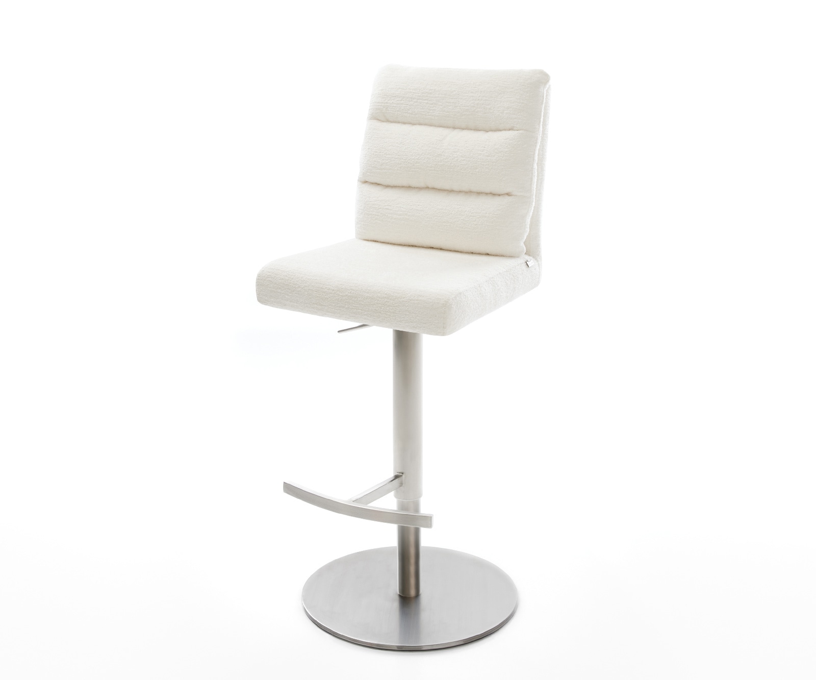 Barstuhl Pela-Flex Bouclé Soft Beige Drehfuß höhenverstellbar Edelstahl Silberfarben
