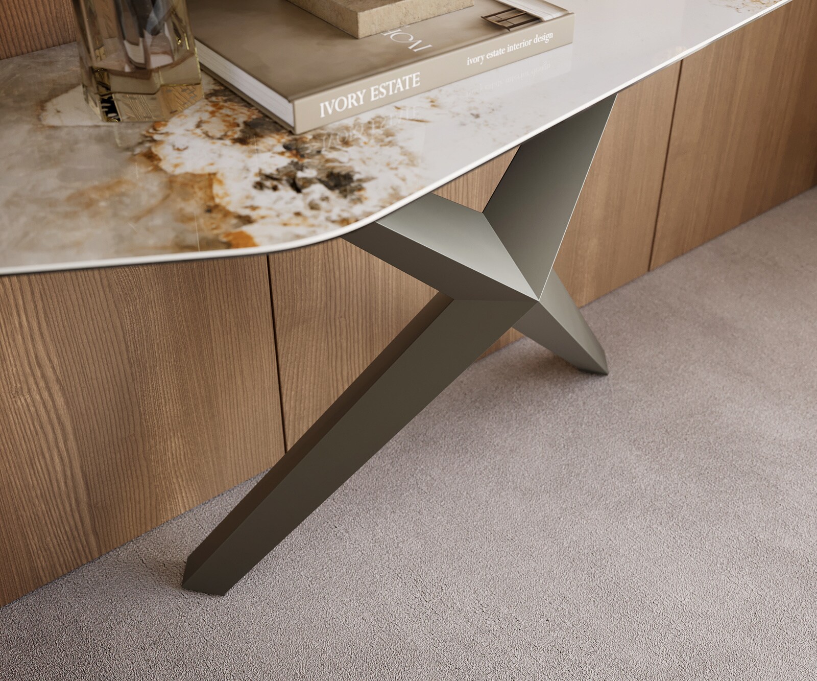 Konsolentisch Edge Polygonal 180x50 cm Keramik Minas Melange Weiß-Beige Zentharo Metall Effektfinish Titan 5