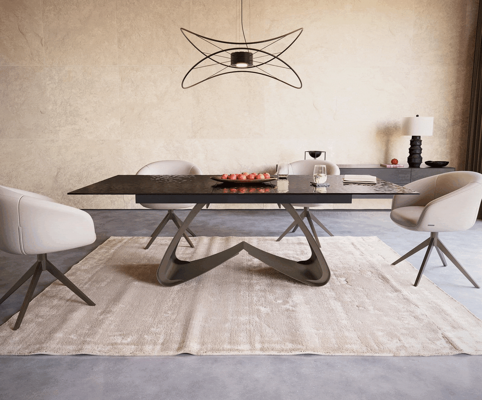 Esstisch Edge 180-220x100 Reliefglas Rauchschwarz 3D-Design W-Gestell Effektfinish Titan ausziehbar 1 Esstisch Edge 180-220x100 Reliefglas Rauchschwarz 3D-Design W-Gestell Effektfinish Titan ausziehbar 1