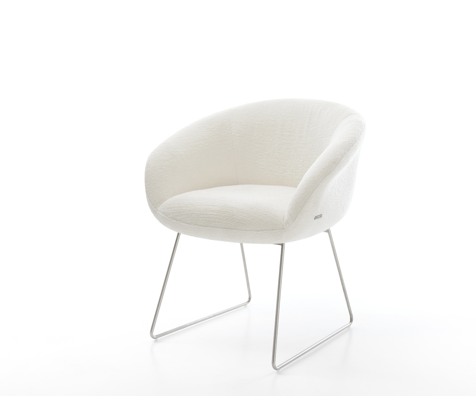 Esszimmerstuhl Vinka-Flex mit Armlehnen Bouclé Soft Beige Kufengestell Edelstahl Taschenfederkern