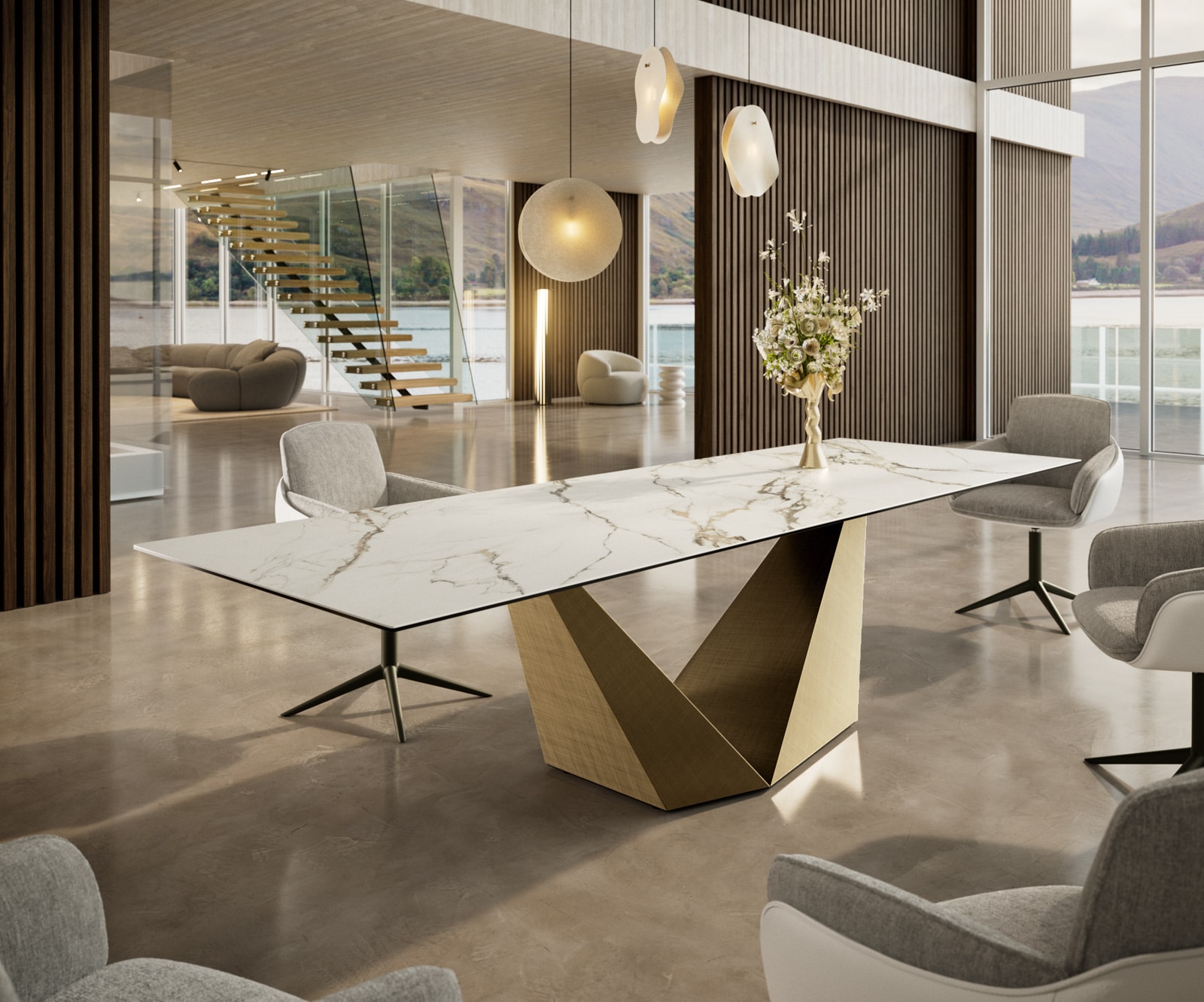 Esszimmertisch Edge Keramik Calacatta Luxe Weiß-Gold-Grau 300x100 Prisma Metallic Gold