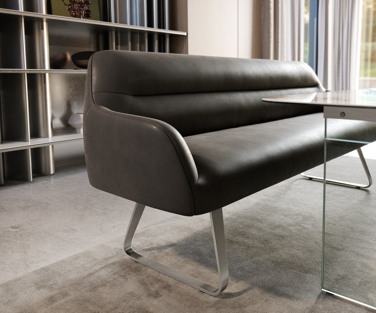 Esszimmerbank Taya-Flex 200 cm Mikrofaser Anthrazit Vintage Kufengestell flach Edelstahl Taschenfederkern 4