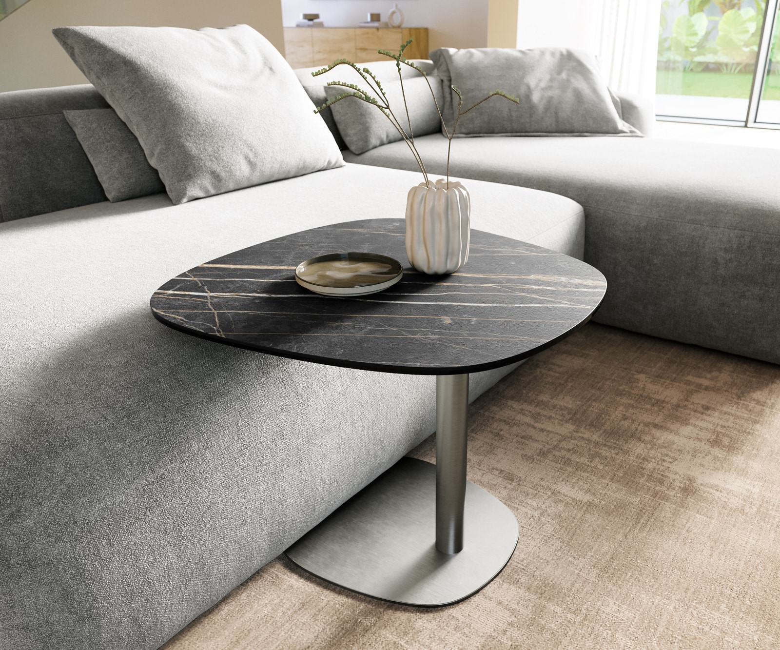 Delife Couchtisch Edge Boot 60x60 Cm Keramik Laminam® Noir Desir Braun Eleny Edelstahl Gebürstet