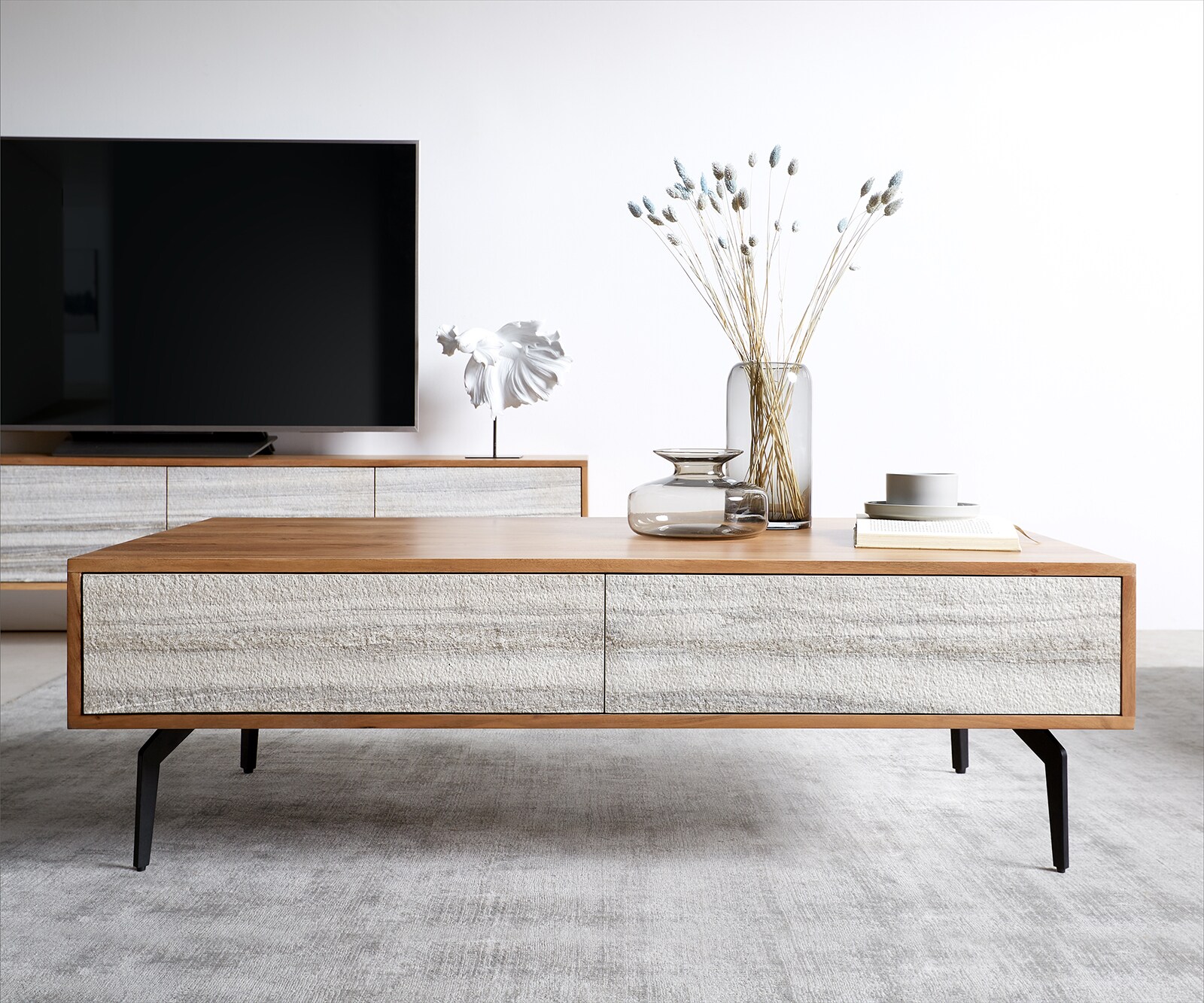 Couchtisch Kleo 115x60 cm Akazie Natur 4 Schübe Winkelfuß Metall Schwarz 1
