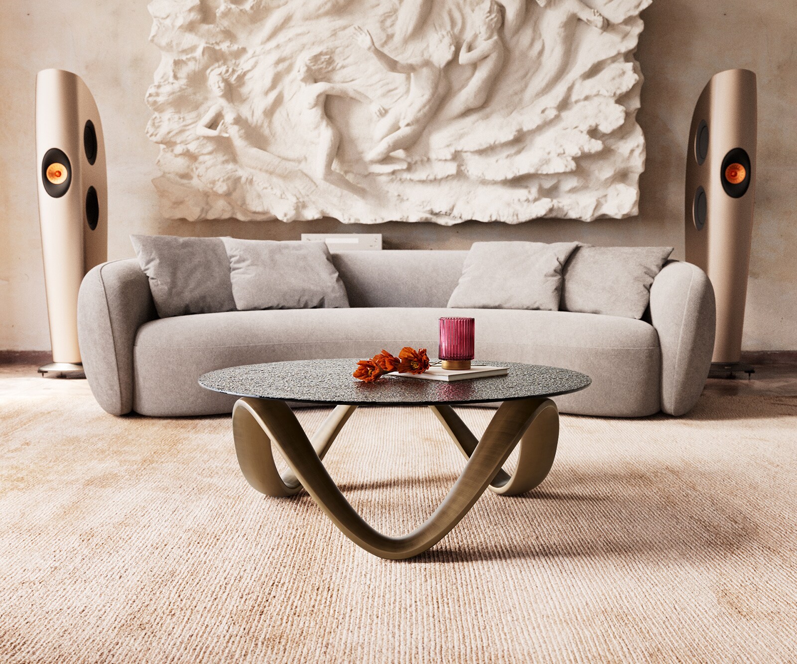 Couchtisch Tanju 90x90 cm Metallic Gold mit Reliefglas Taupe 1