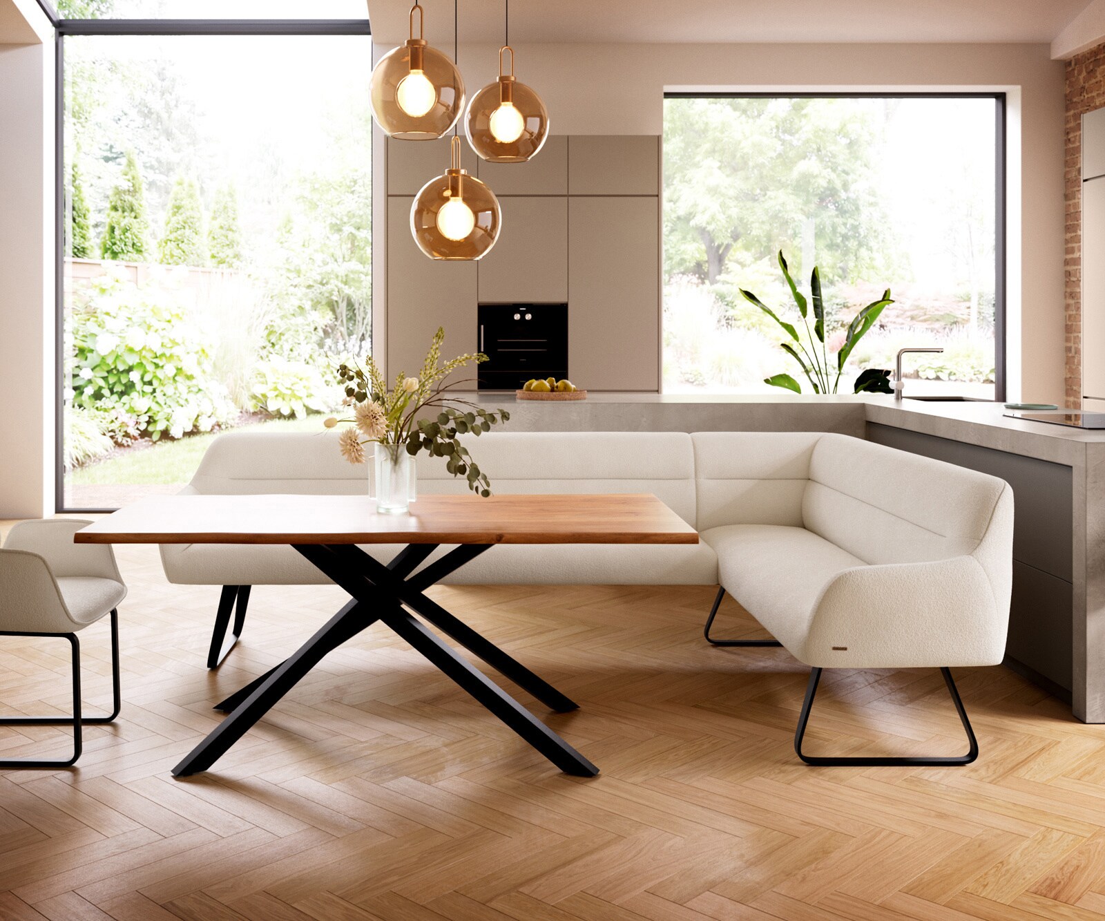 Esszimmerbank Taya-Flex 285x190 cm Bouclé Creme-Weiß Kufengestell flach Schwarz Taschenfederkern Links 2