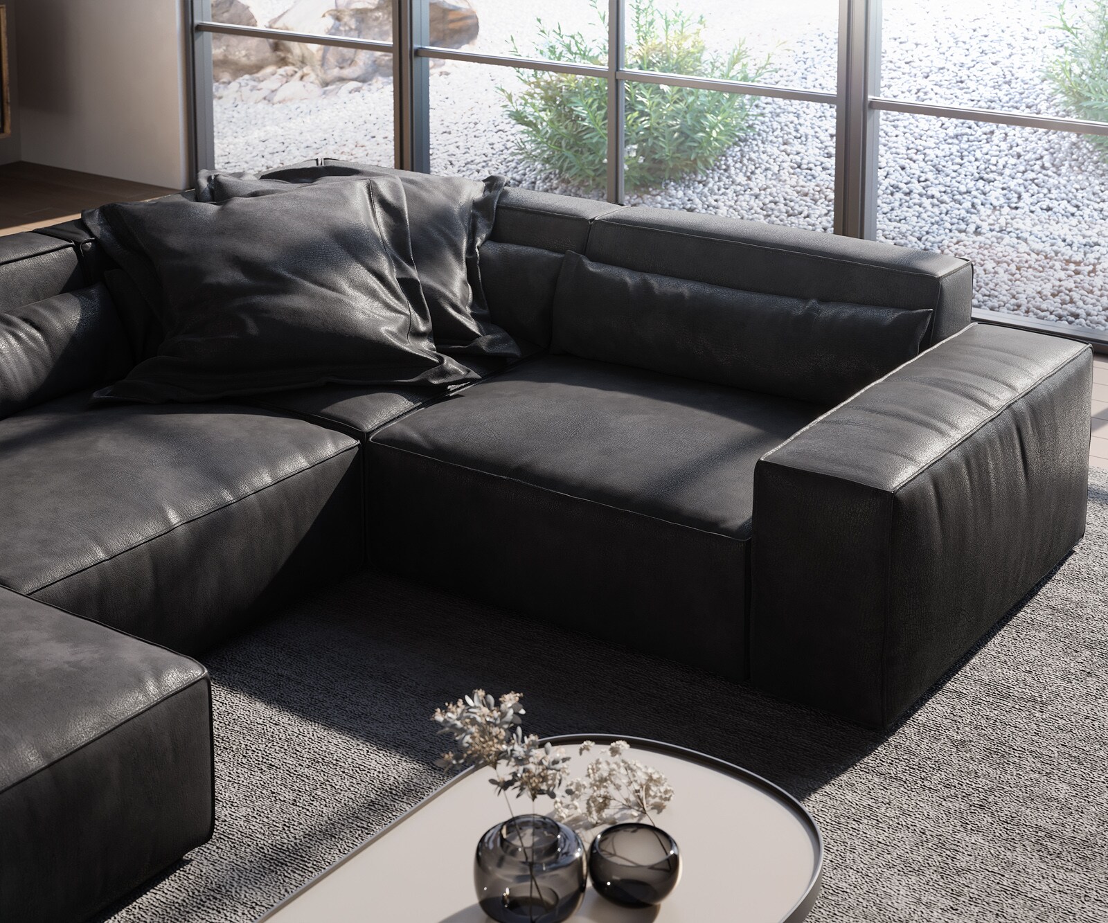Wohnlandschaft Sirpio 300x200 cm Lederimitat Vintage Anthrazit Recamiere variabel mit Hocker 5