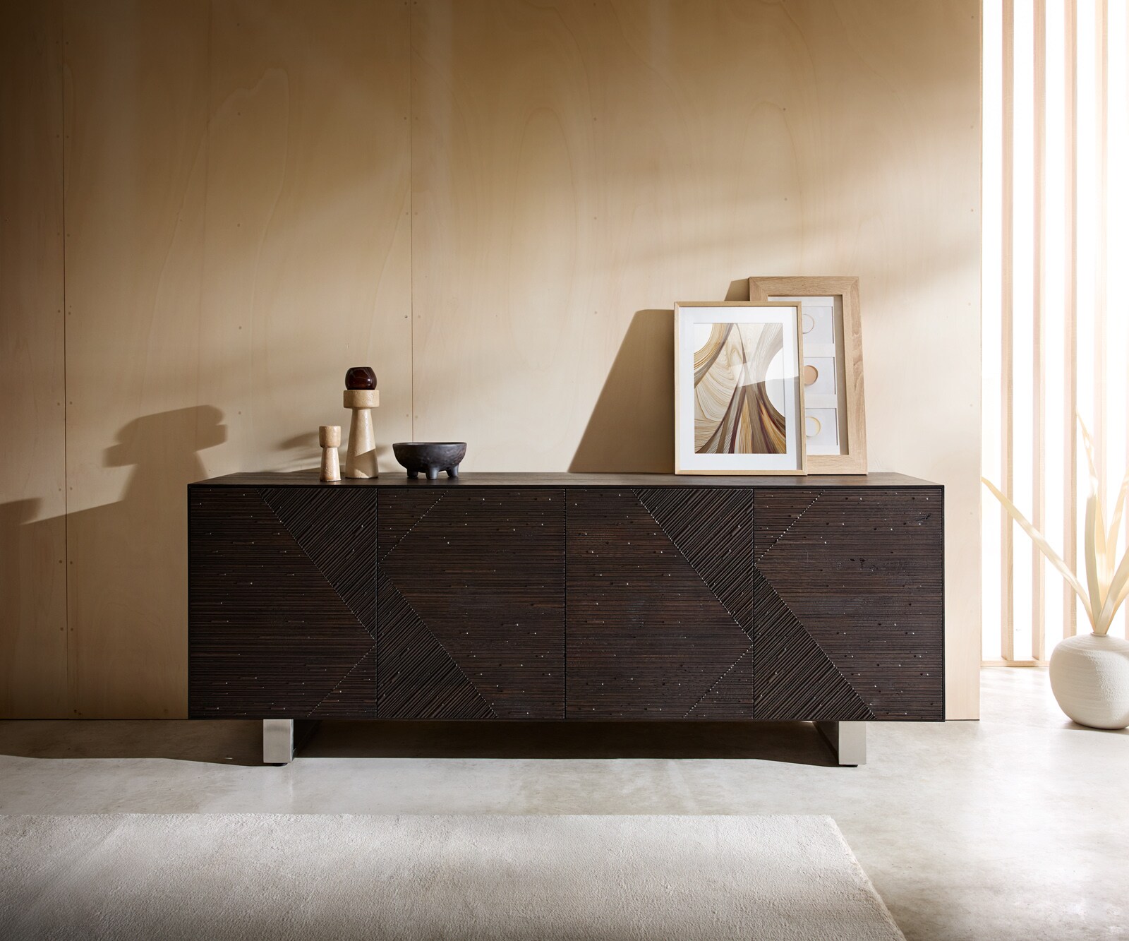 Sideboard Tereos 200 cm Esche Dunkelbraun 3D Effekt 4 Türen Kufe Edelstahl gebürstet 1