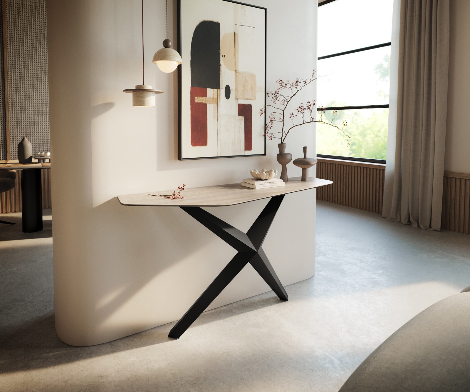 DELIFE Konsolentisch Edge Polygonal 140x50 cm Keramik Laminam Travertino Bianco Creme-Weiß Zentharo Metall Schwarz, Konsolentische - B140 x T50 x H79