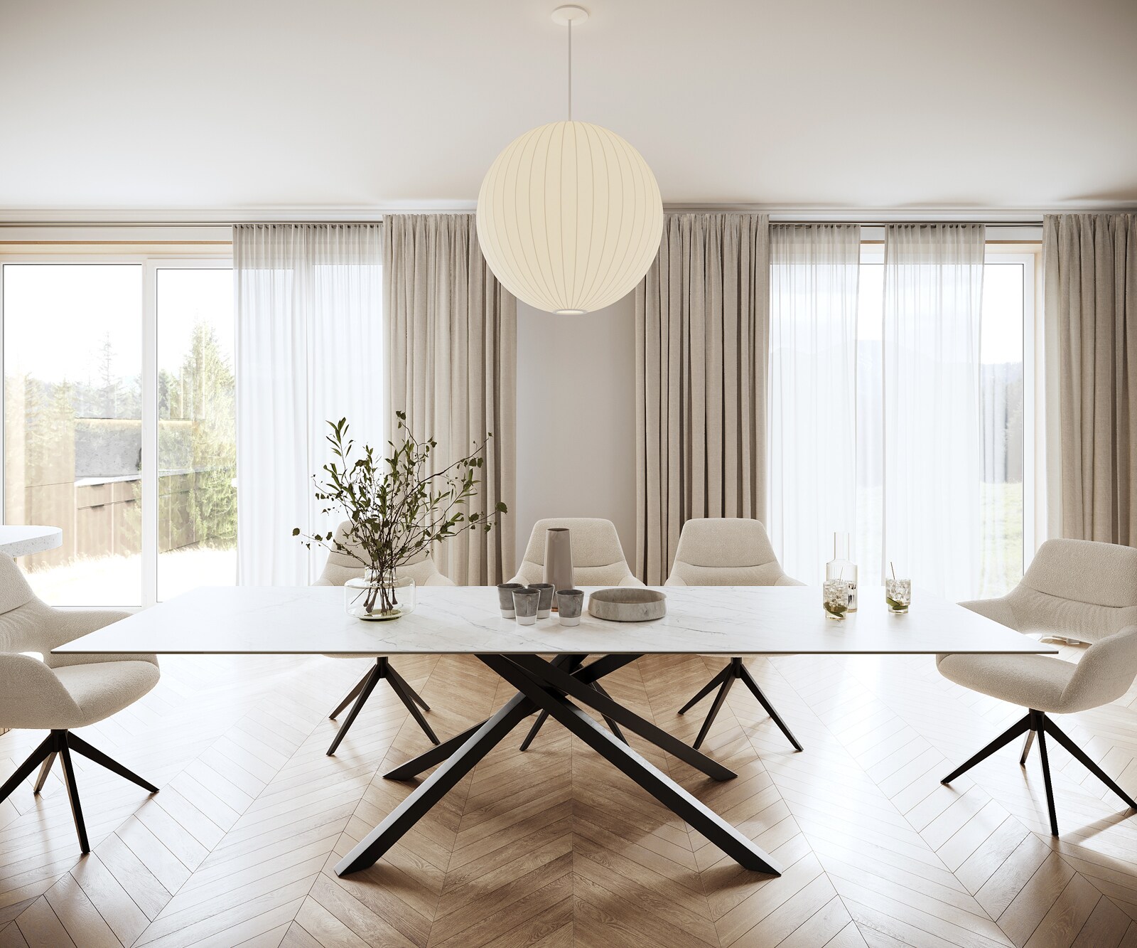 Esstisch Edge 300x100cm Keramik Laminam® Statuarietto Weiß Mittelfuß Kreuz Schwarz 1