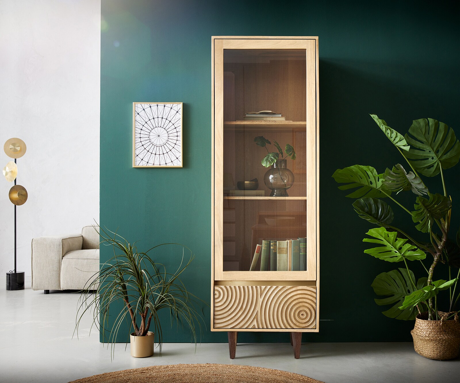 Vitrine Budaya 60x165 cm Mango Natur 2 Türen Fuß vierkant 1