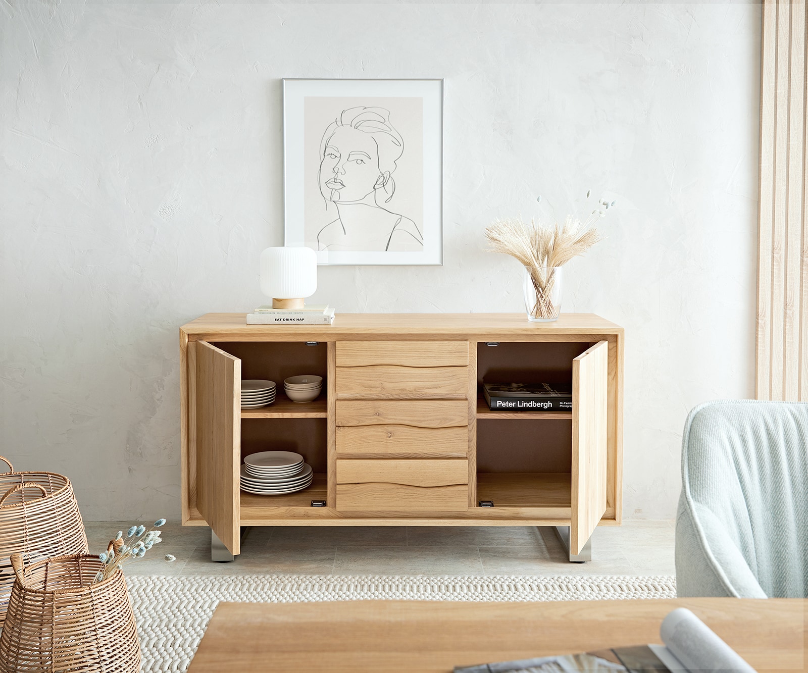 Sideboard Live-Edge 150 cm Eiche Natur 3 Schübe 2 Türen 5