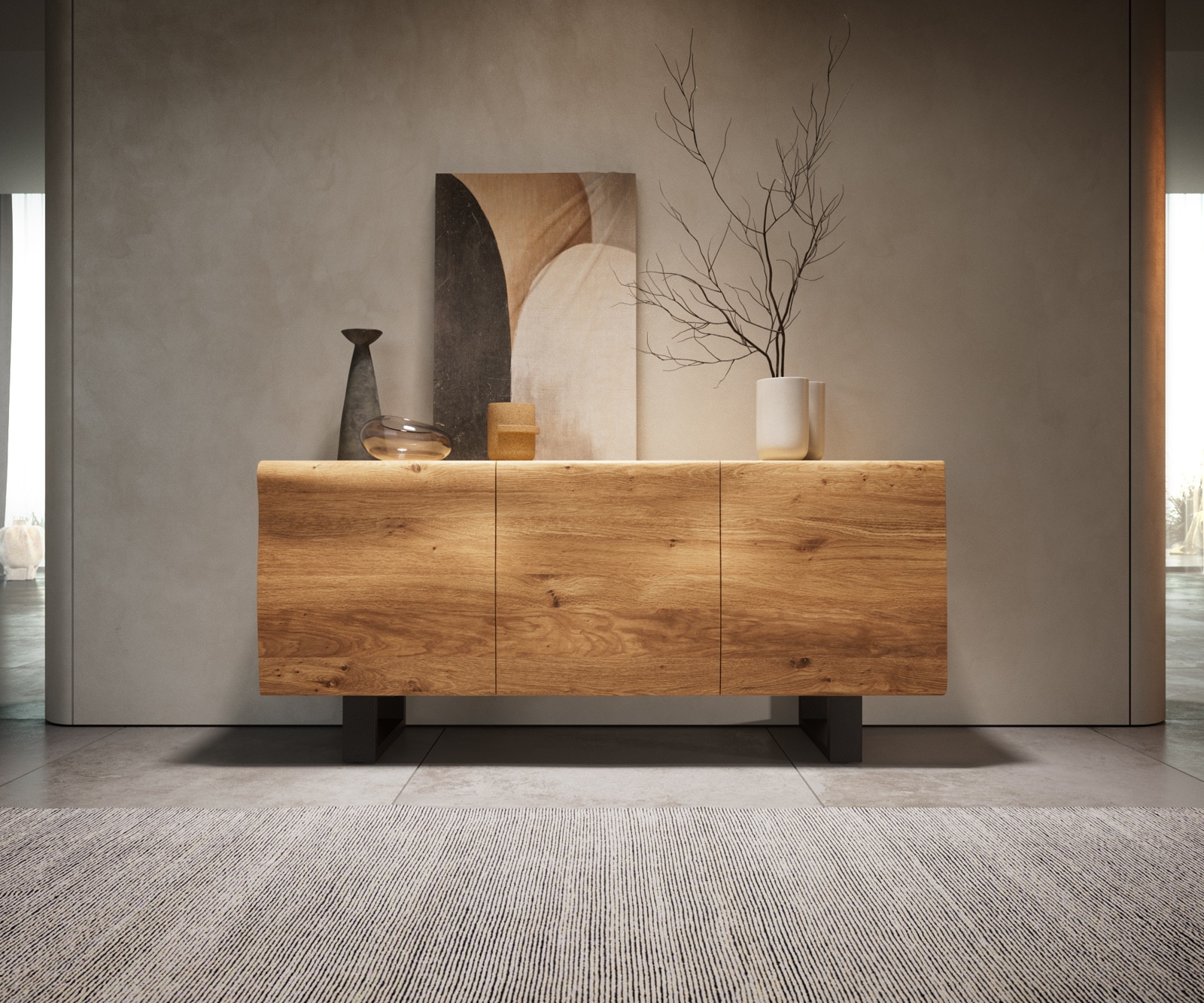 Sideboard New Live-Edge 145 cm Eiche Natur 3 Türen Kufe Metall Schwarz Sideboard New Live-Edge 145 cm Eiche Natur 3 Türen Kufe Metall Schwarz