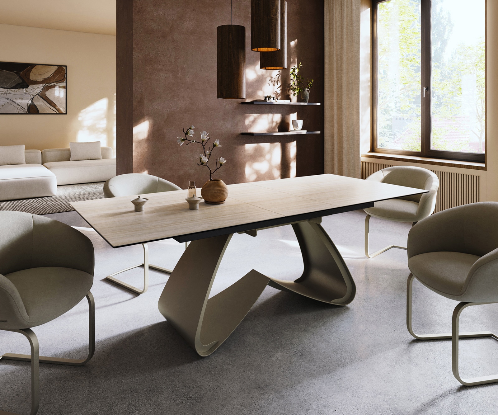 Esstisch Edge 180-220x100 Keramik Laminam® Travertino Bianco Creme-Weiß W-Gestell Effektfinish Titan ausziehbar 1