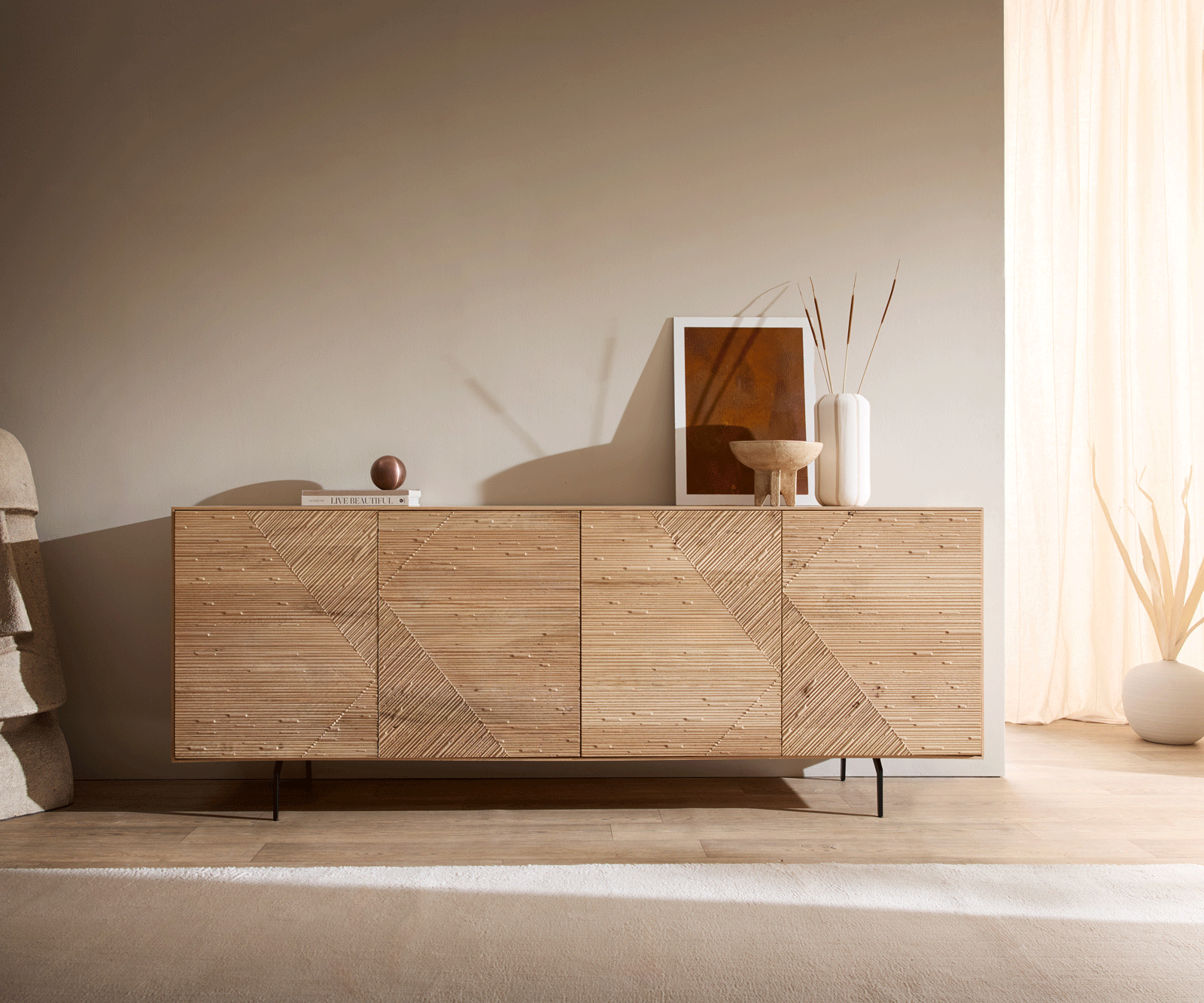 Sideboard Tereos 200 cm Eiche Natur 3D Effekt 4 Türen Winkelfuß Metall Schwarz 4