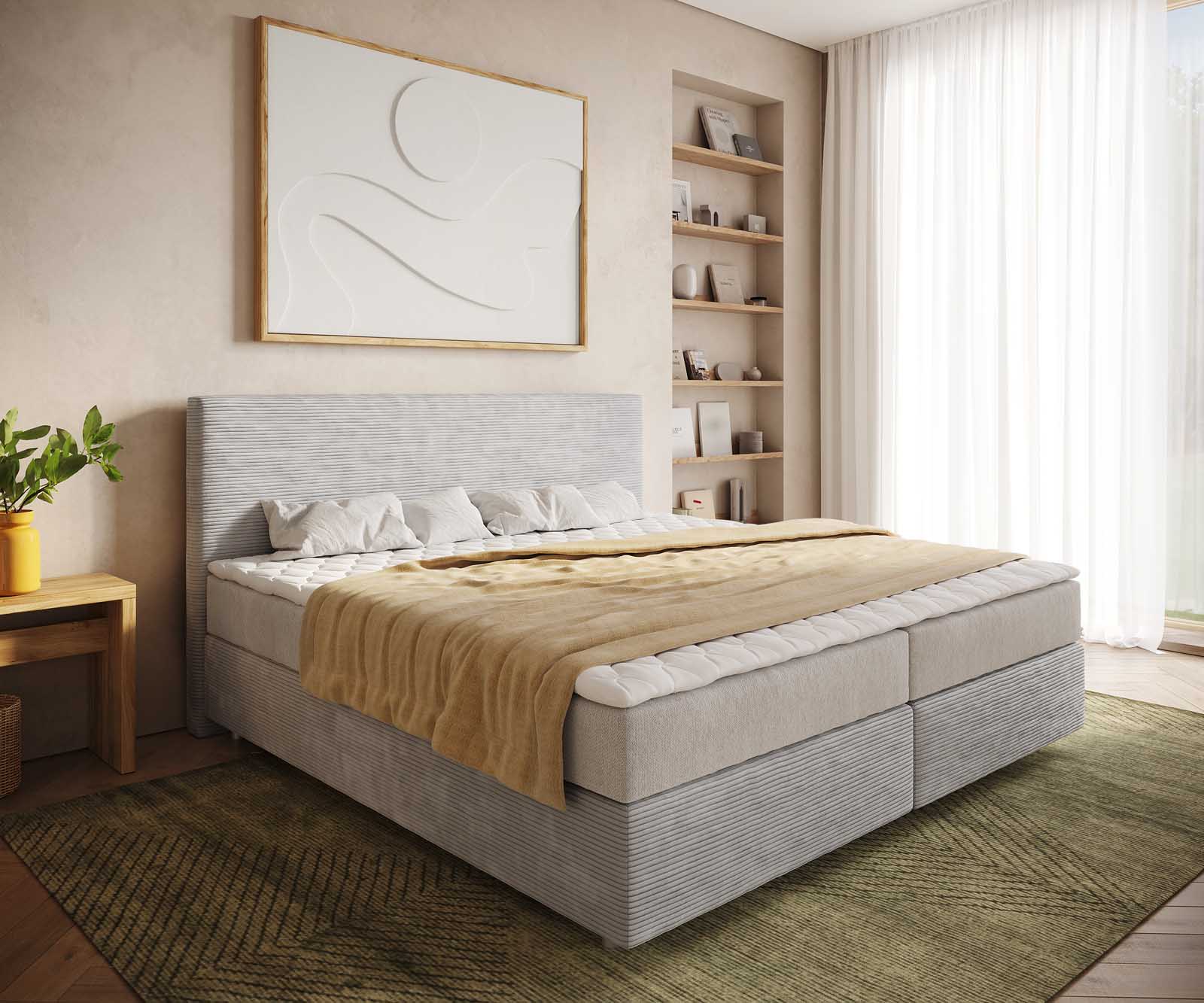 Boxspringbett Dream-Well Cord Silbergrau 200x200 cm mit Taschenfederkernmatratze und Topper Visco 1